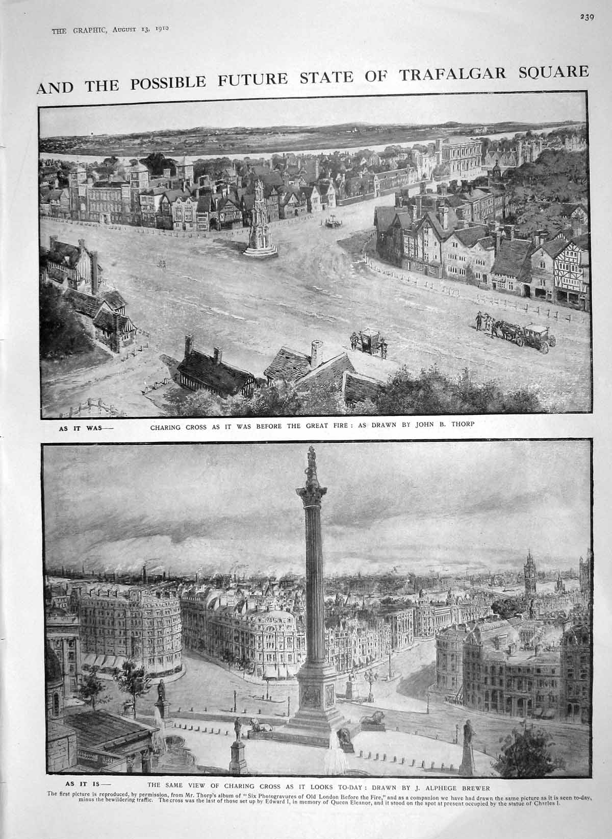 Original Old Antique Print 1910 Trafalgar Square Charing Cross Braemar Don Brig