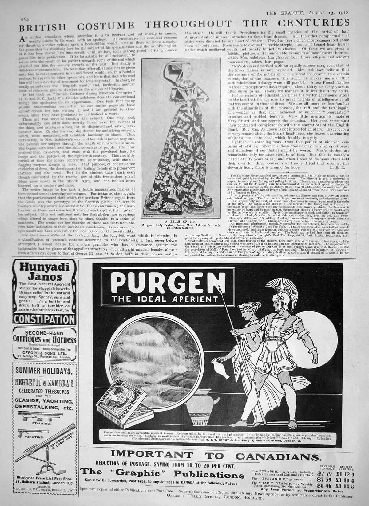 Original Old Antique Print 1910 Margaret Lady Peyton Purgen Aperient Telescope
