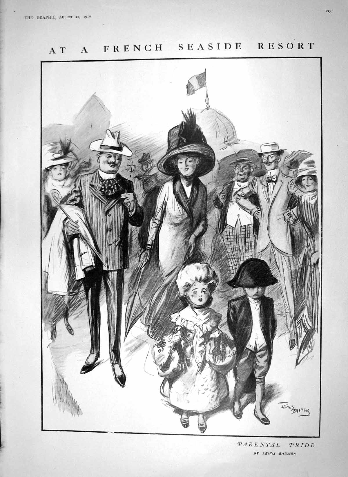 Old Antique Print 1910 Family France Seaside Resort Garden Flowers Nature 20th