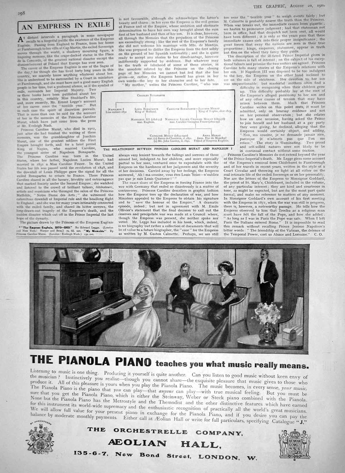 Original Old Antique Print 1910 Pianola Piano Aeolian London Princess Caroline