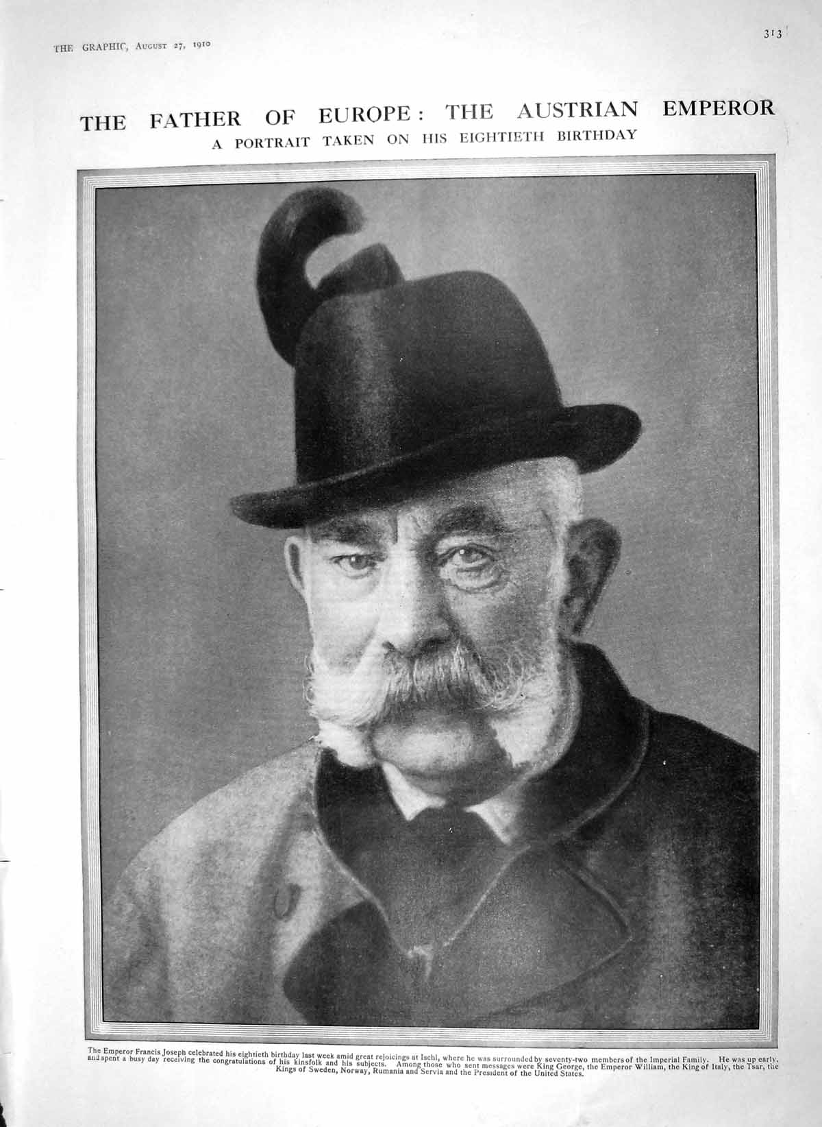 Original Old Antique Print 1910 Portrait Emperor Francis Joseph Riding Marches