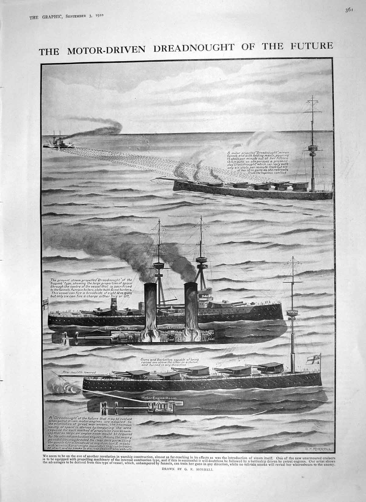 Old Antique Print 1910 Motor Driven Dreadnought Ships Motherwell Sunset 20th