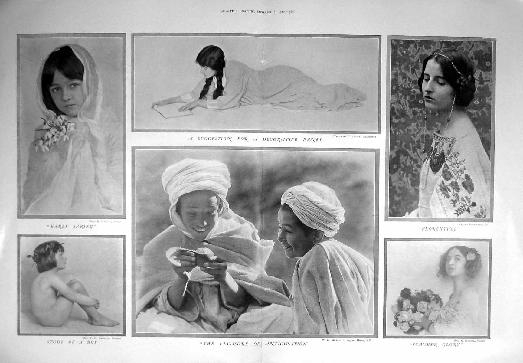 Old Antique Print 1910 Photographs Beautiful Girls Flowers Slough Haenel 20th