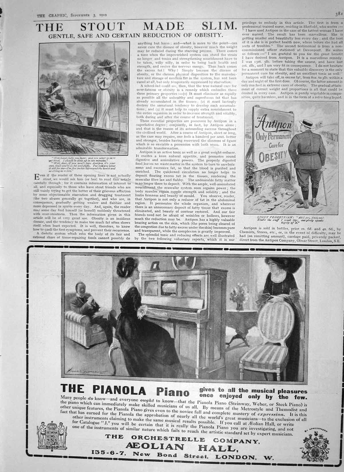 Original Old Antique Print 1910 Antipon Cure Obesity River Boat Ladies Pianola