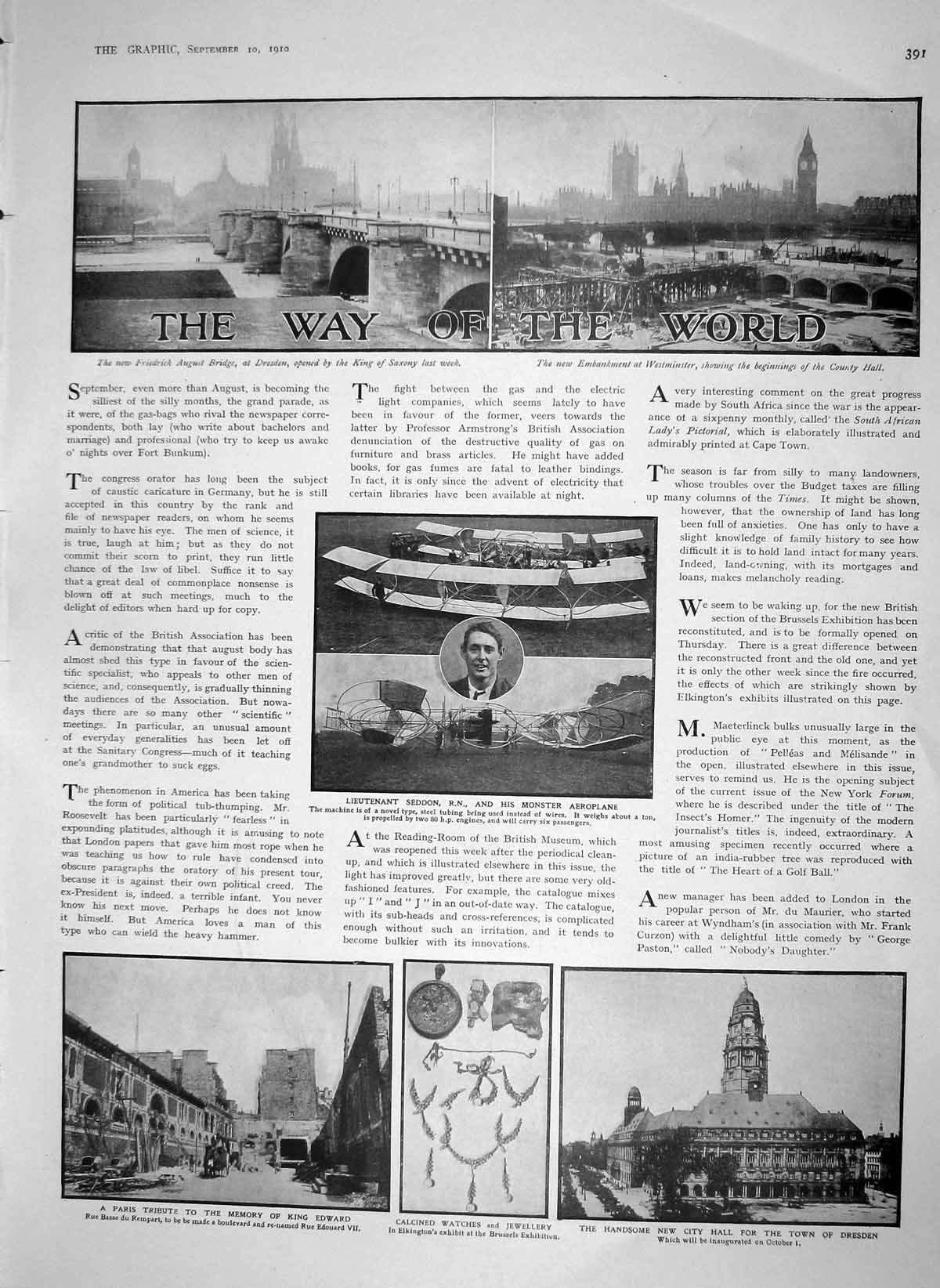 Original Old Antique Print 1910 Seddon Aeroplane Hall Dresden Kaiser Montenegro