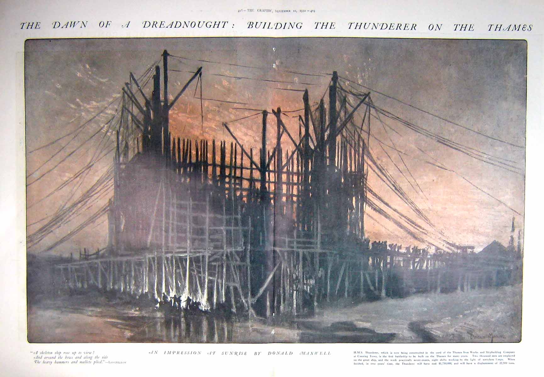 Antique Old Print 1910 Dreadnought War Ship Thunderer River Thames London 20th