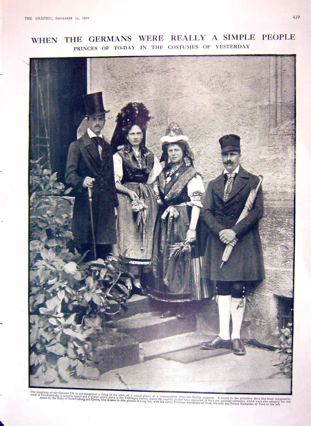 Original Old Antique Print 1910 German Princes Costumes Berlin Alexander Teck