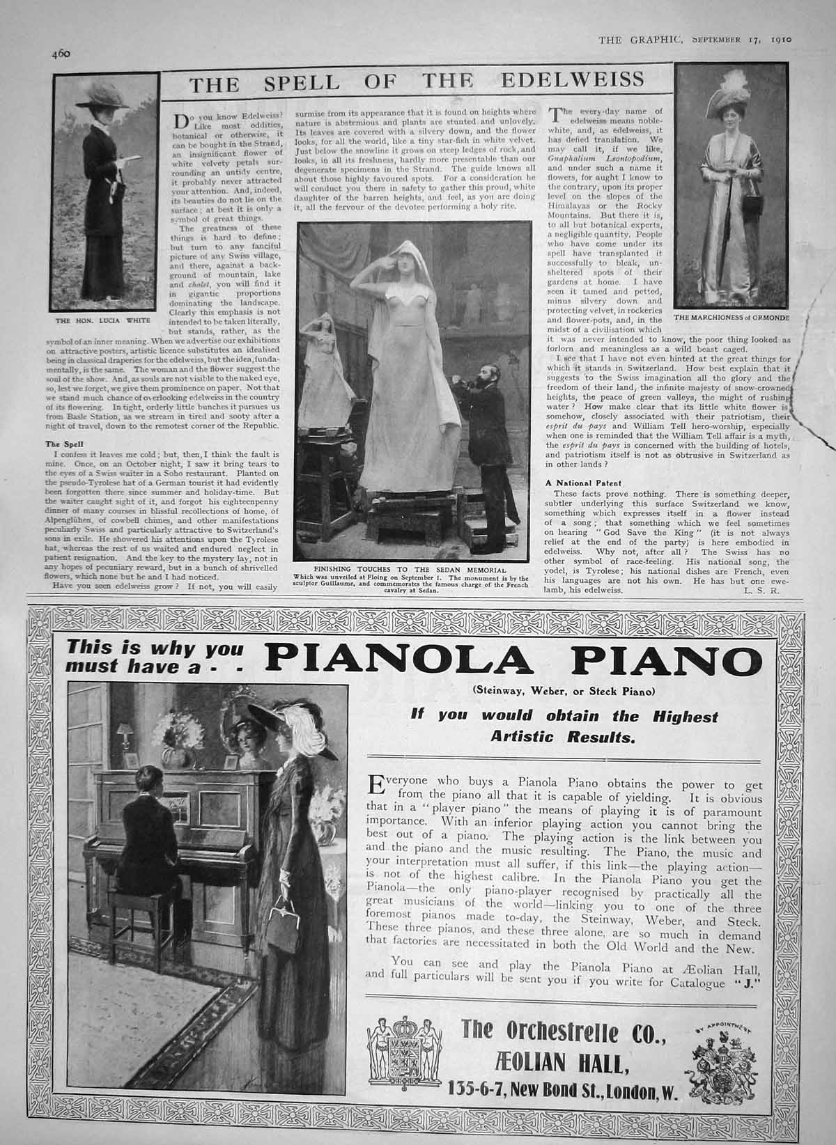 Original Old Antique Print 1910 Sedan Memorial Floing Marchioness Ormonde White