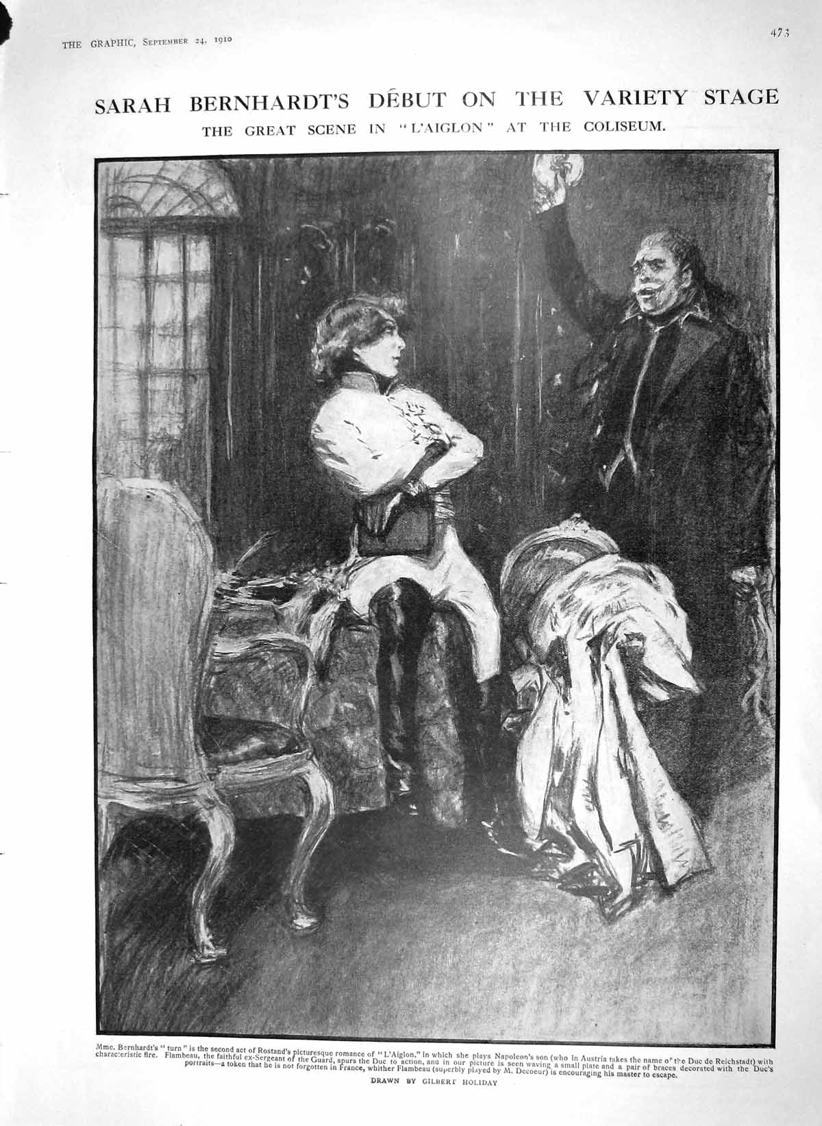 Old Antique Print 1910 Bernhardt L'Aiglon Coliseum Theatre King Belgians 20th