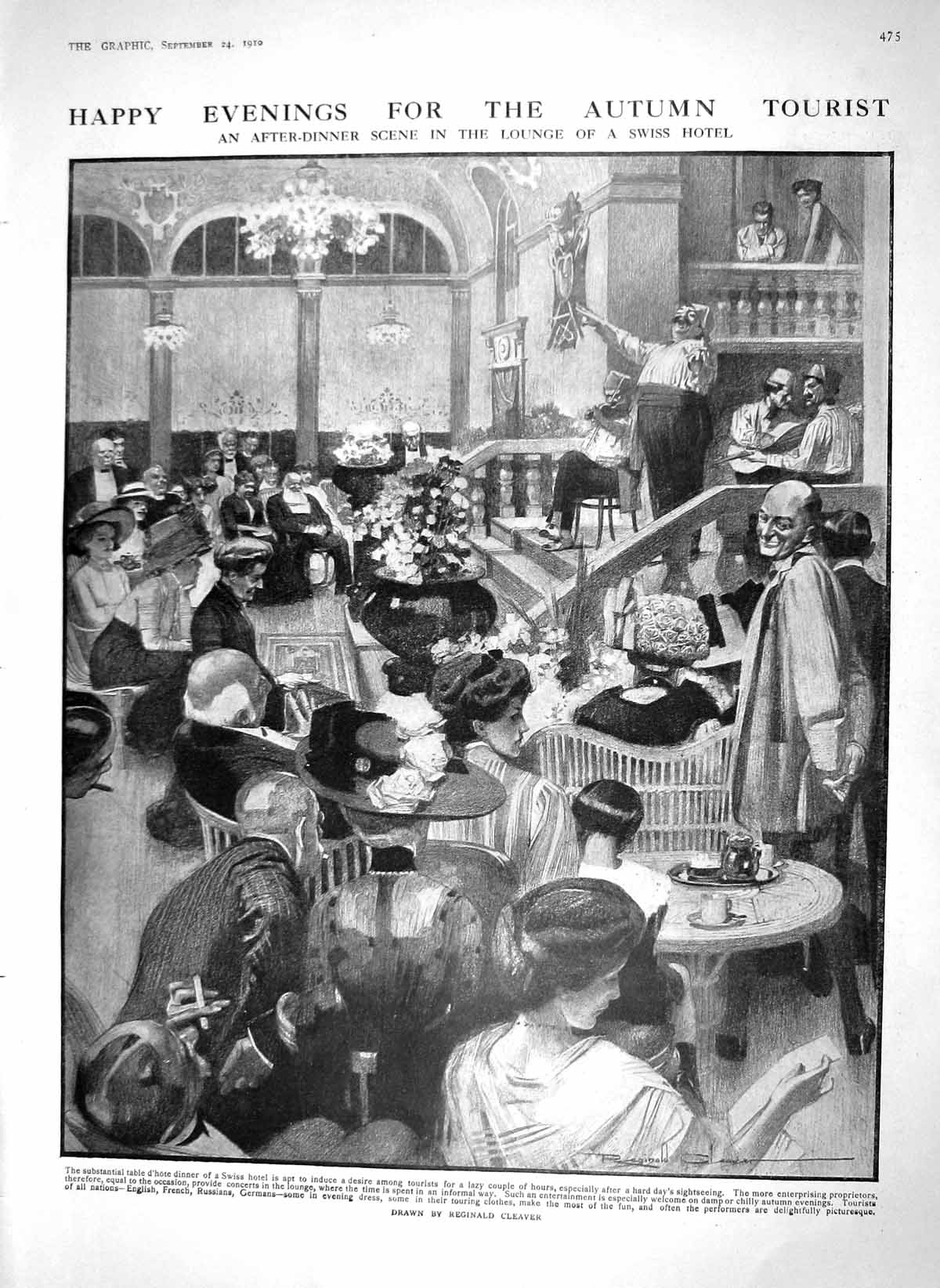 Original Old Antique Print 1910 Scene Dinner Lounge Swiss Hotel Flowers Smart