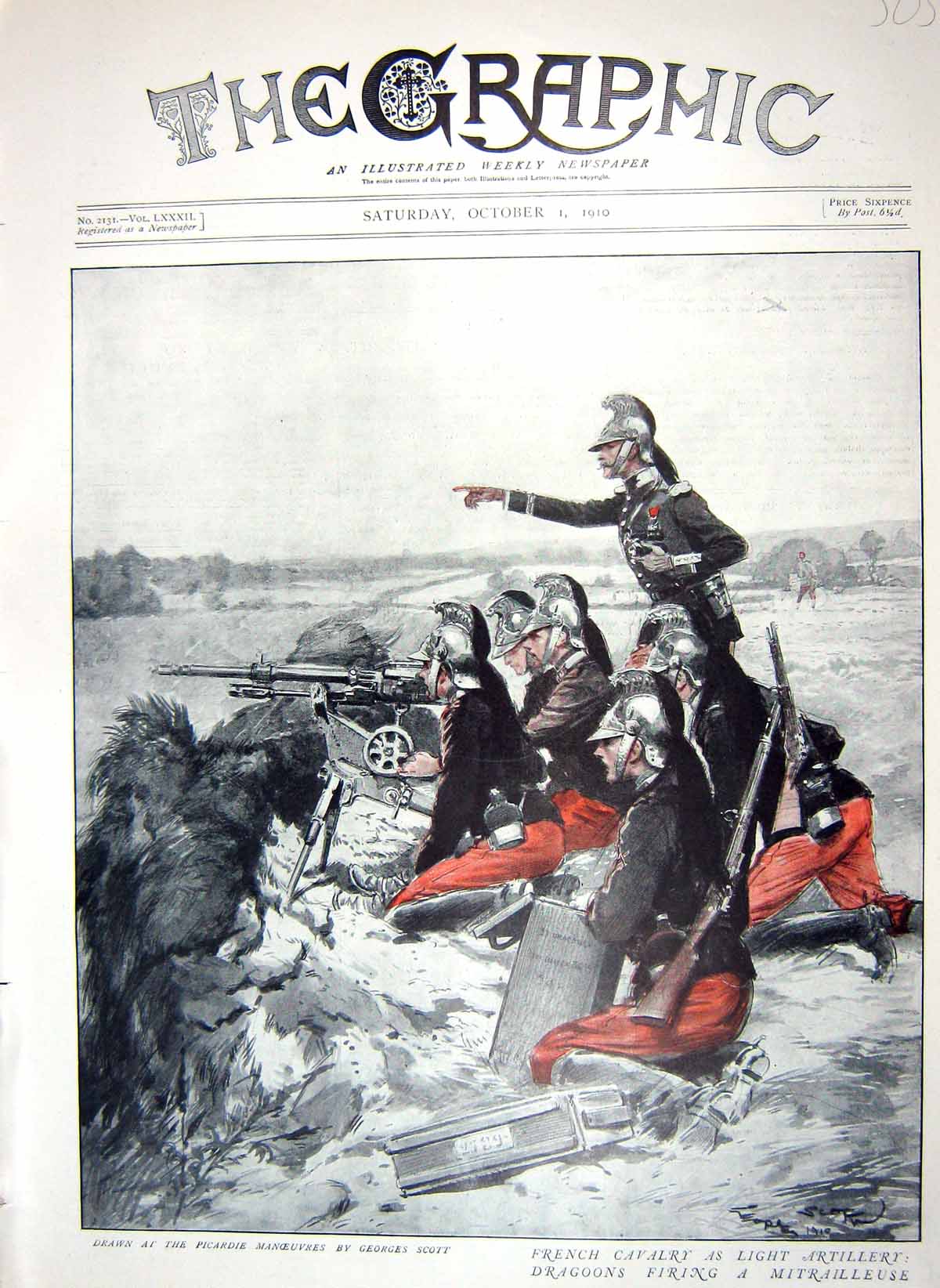 Old Antique Print 1910 French Cavalry Artillery Dragoons Mitrailleuse War 20th