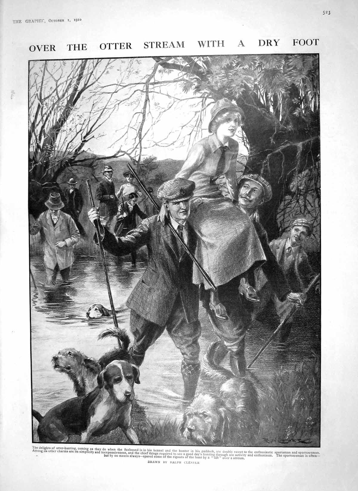 Old Antique Print 1910 Otter Hunting Dogs Sport Elizabeth Nun Nightingale 20th