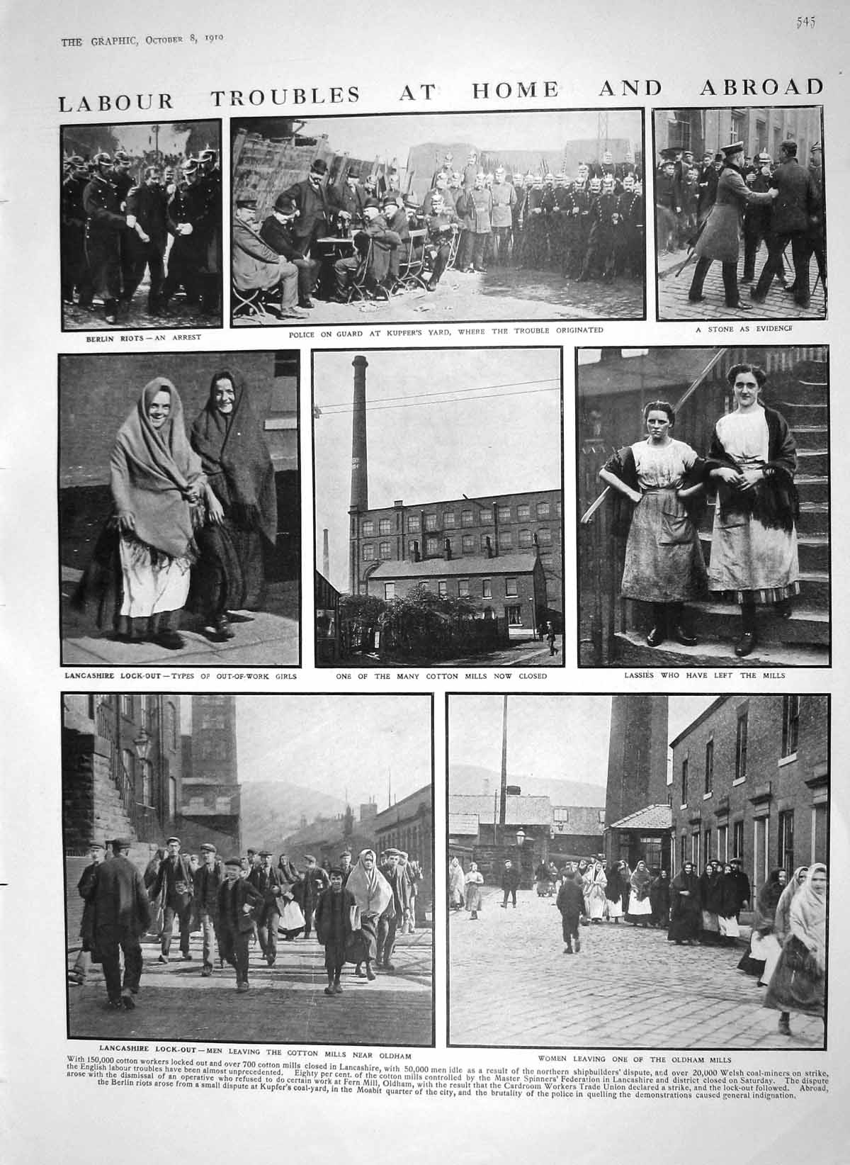Original Old Antique Print 1910 Berlin Riots Lancashire Lock-Out Mills Isvolsky