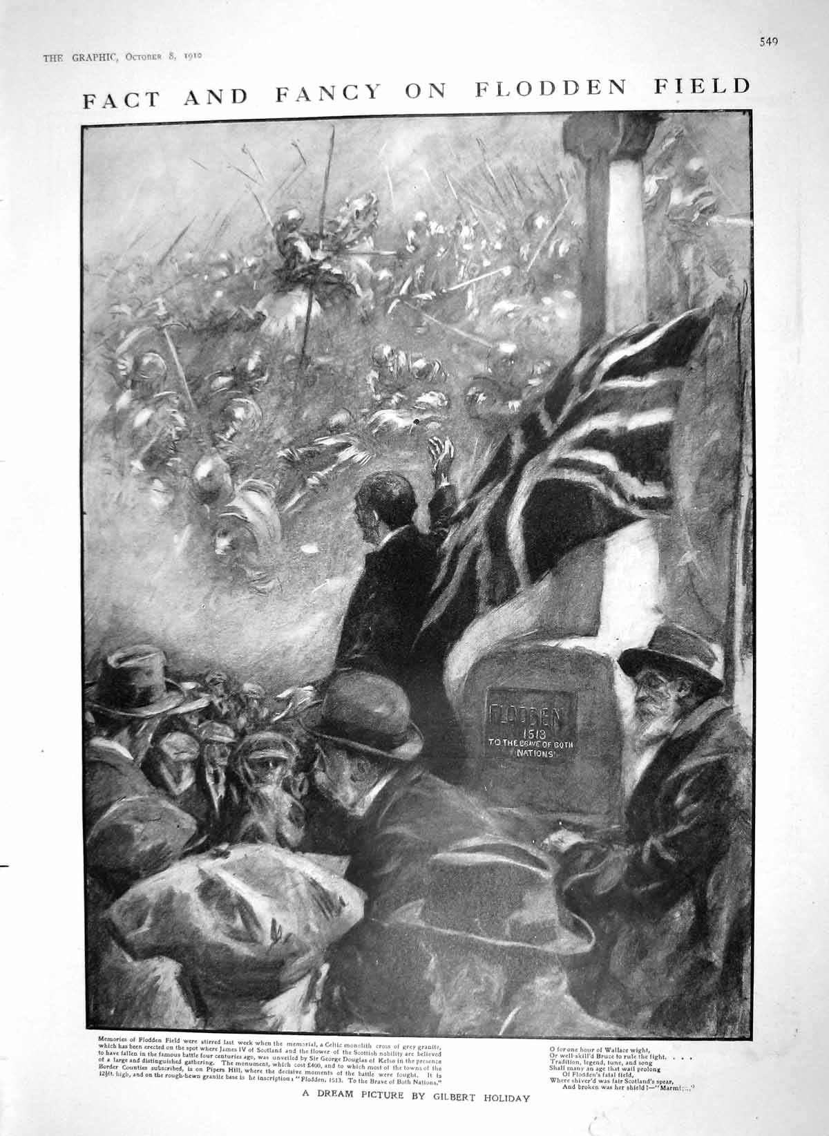 Original Old Antique Print 1910 Monument Flodden Field Pipers Mosenberg Monreal