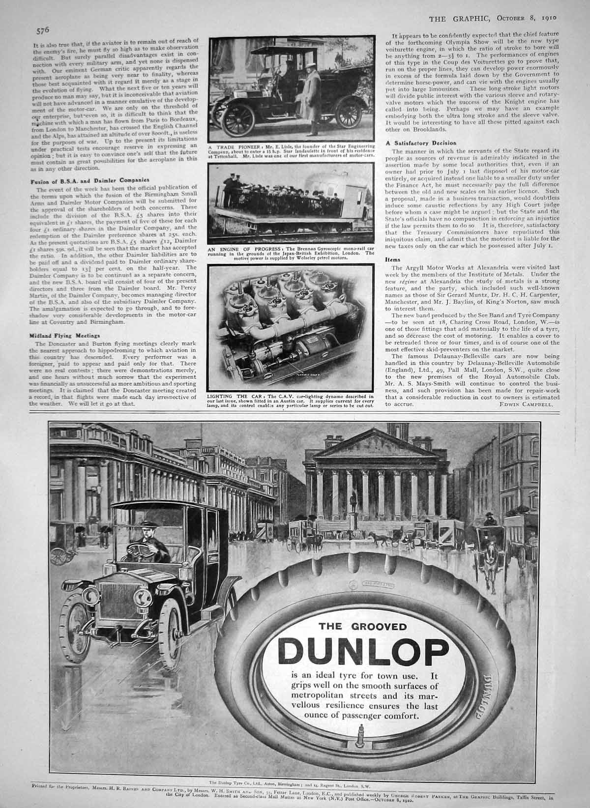 Original Old Antique Print 1910 Lisle Star Engineering Brennan Motor Car Engine