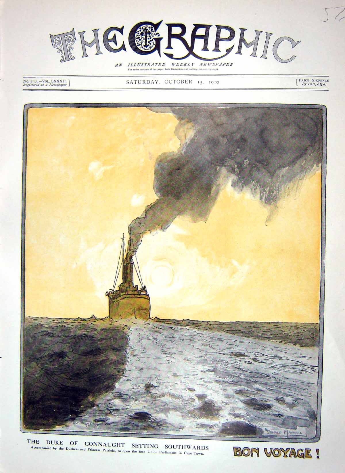 Original Old Antique Print 1910 Ship Duke Connaught Duchess Princess Patricia