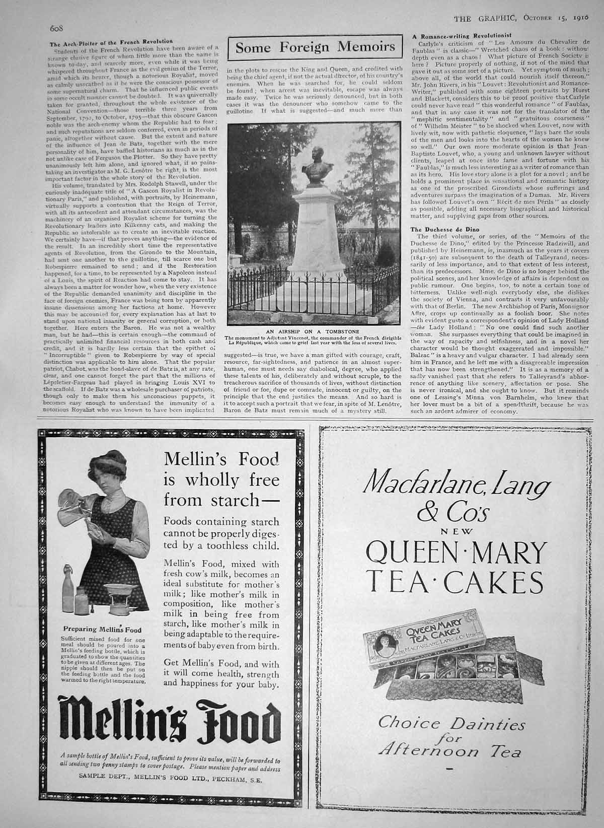 Old Antique Print 1910 Monument Adjutant Vincenot Mellins Food Macfarlane 20th