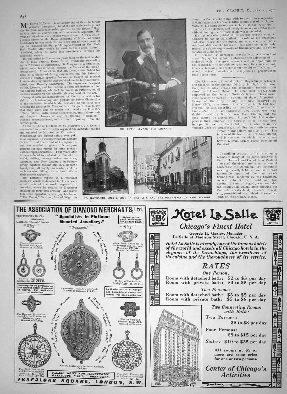 Original Old Antique Print 1910 Mr Edwin Lemare Organist Katharine Free Church