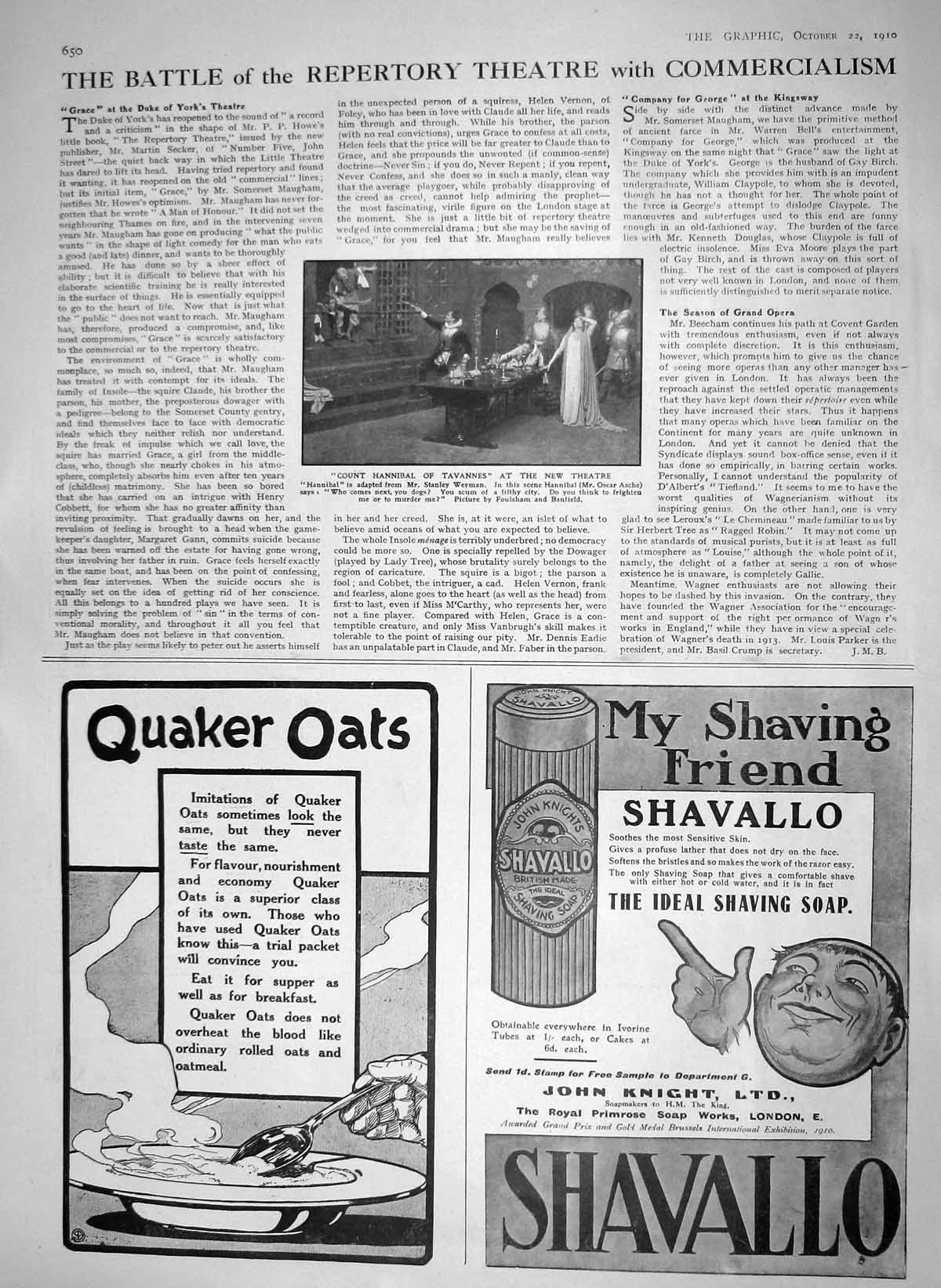 Original Old Antique Print 1910 Count Hannibal Tavannes New Theatre Quaker Oats