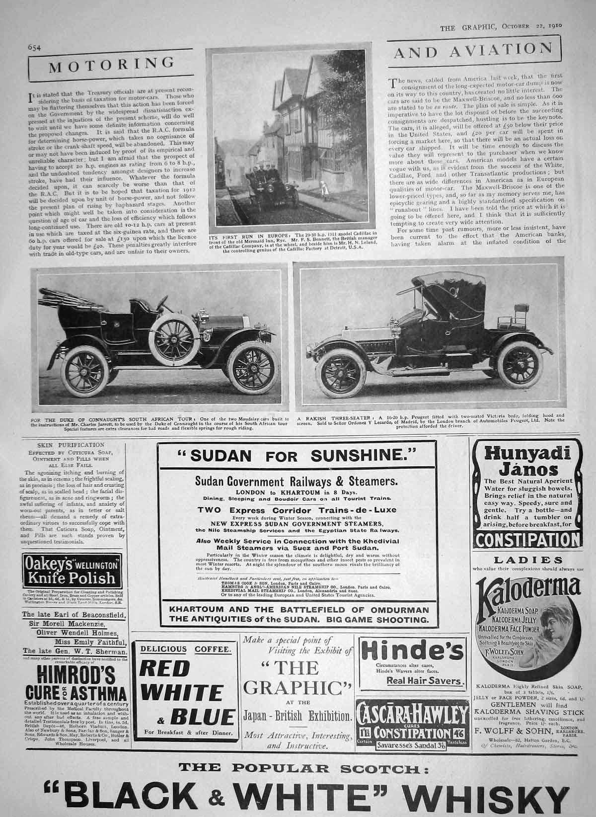 Old Antique Print 1910 Motor Car Peugeot Maudslay Cadillac Scotch Whisky 20th
