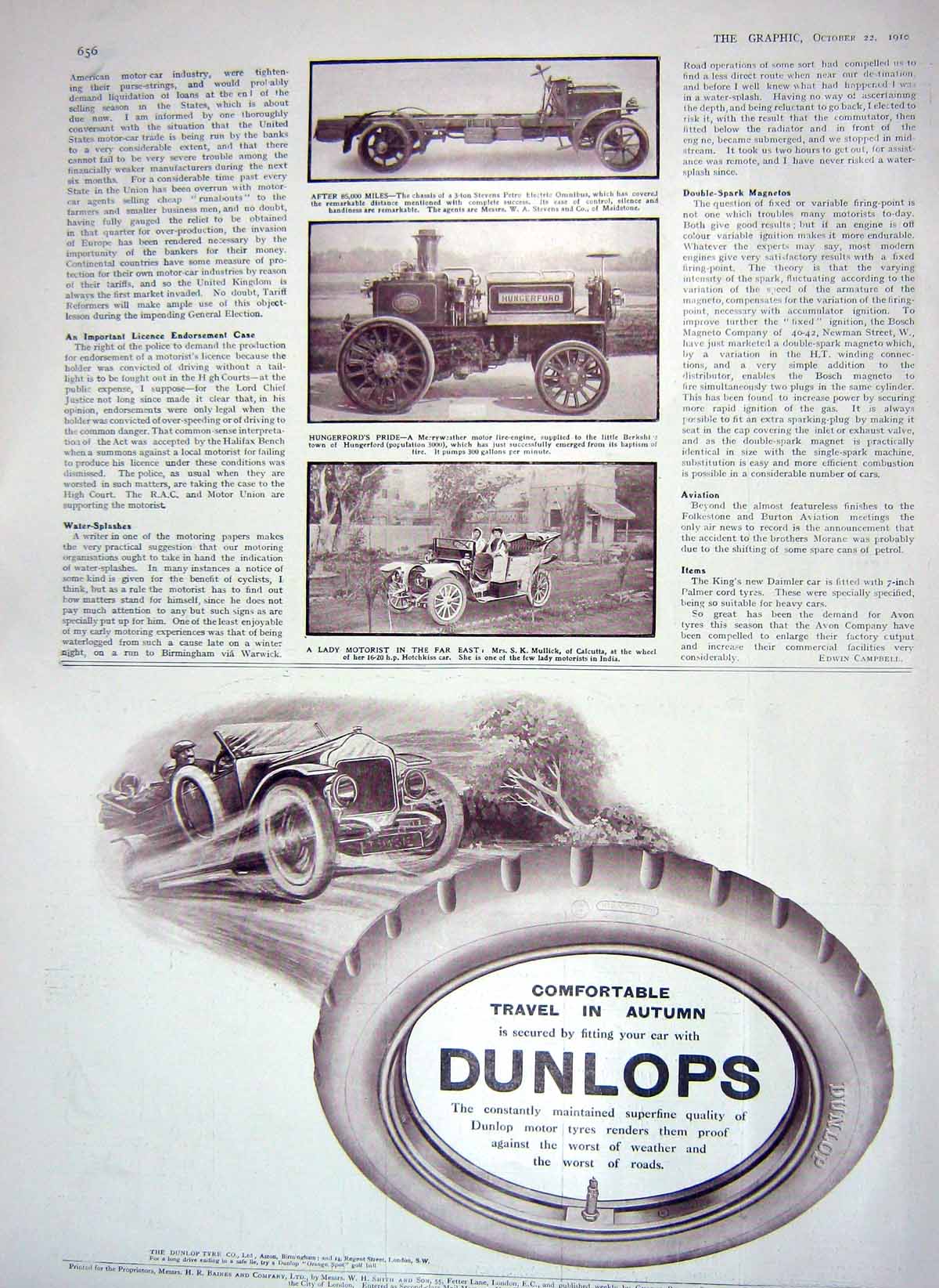 Old Antique Print 1910 Dunlop Tyre Omnibus Fire-Engine Mullick Calcutta 20th