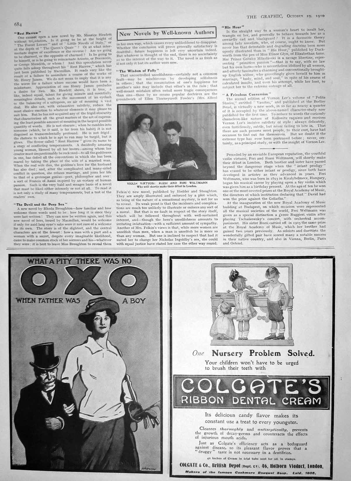 Old Antique Print 1910 Violin Musicians Rozsi Feri Weltmann Oxo Colgate 20th