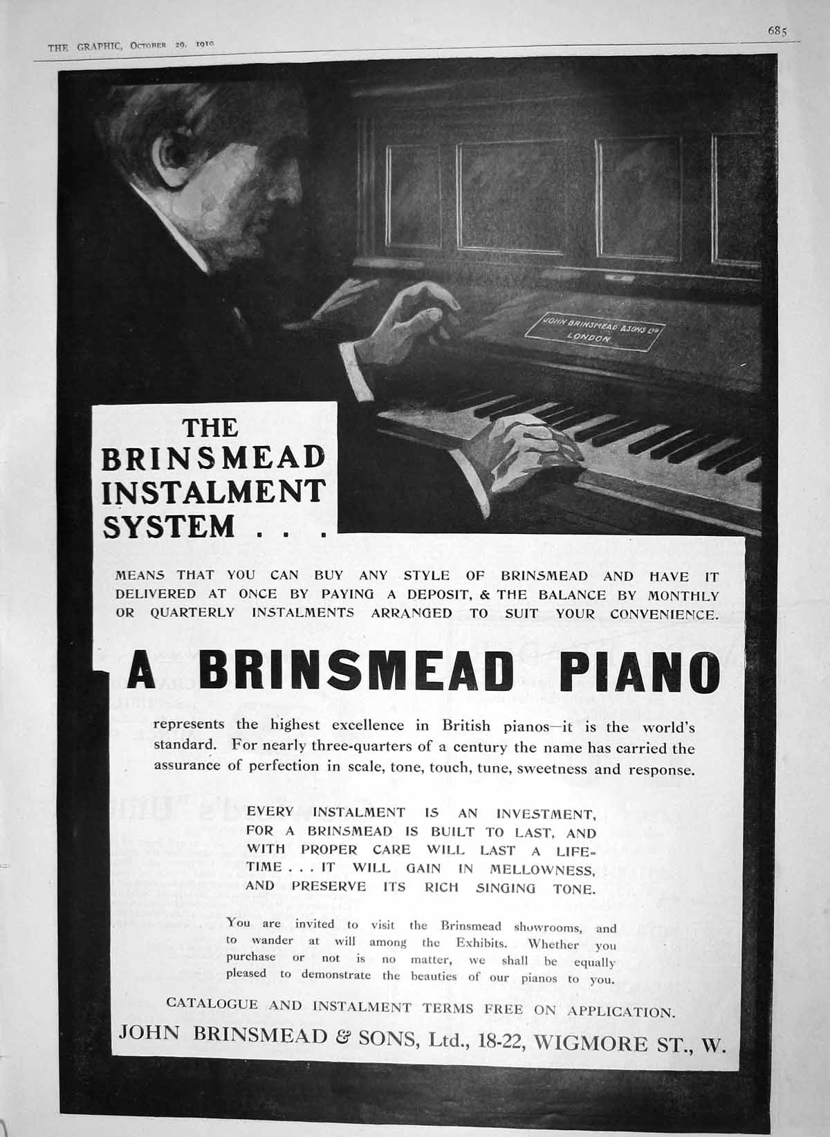 Original Old Antique Print 1910 Advertisement John Brinsmead Sons Piano Wigmore