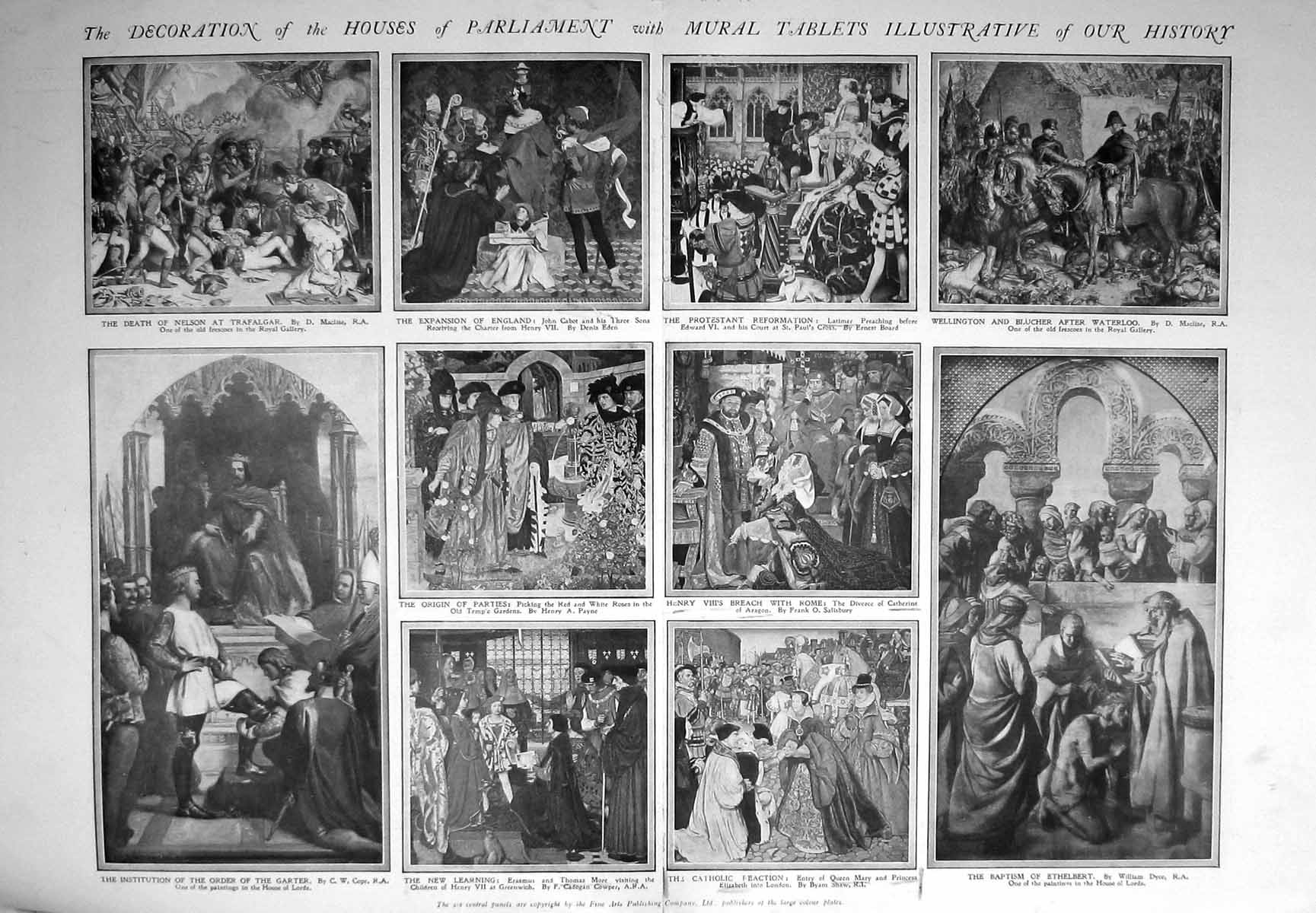 Original Old Antique Print 1910 Decoration Houses Parliament Nelson Ethelbert