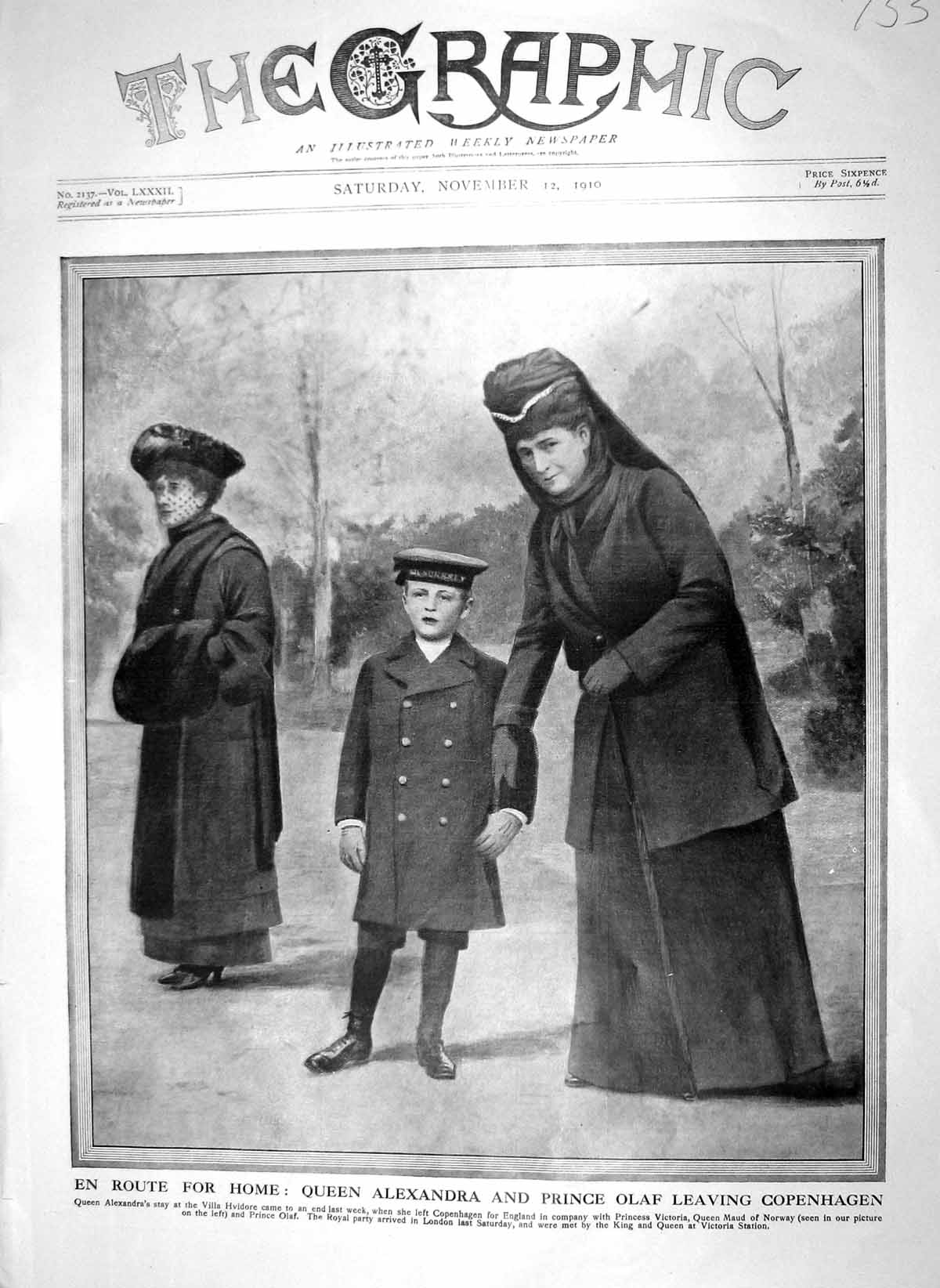 Old Antique Print 1910 Queen Alexandra Prince Olaf Copenhagen Queen Maud 20th