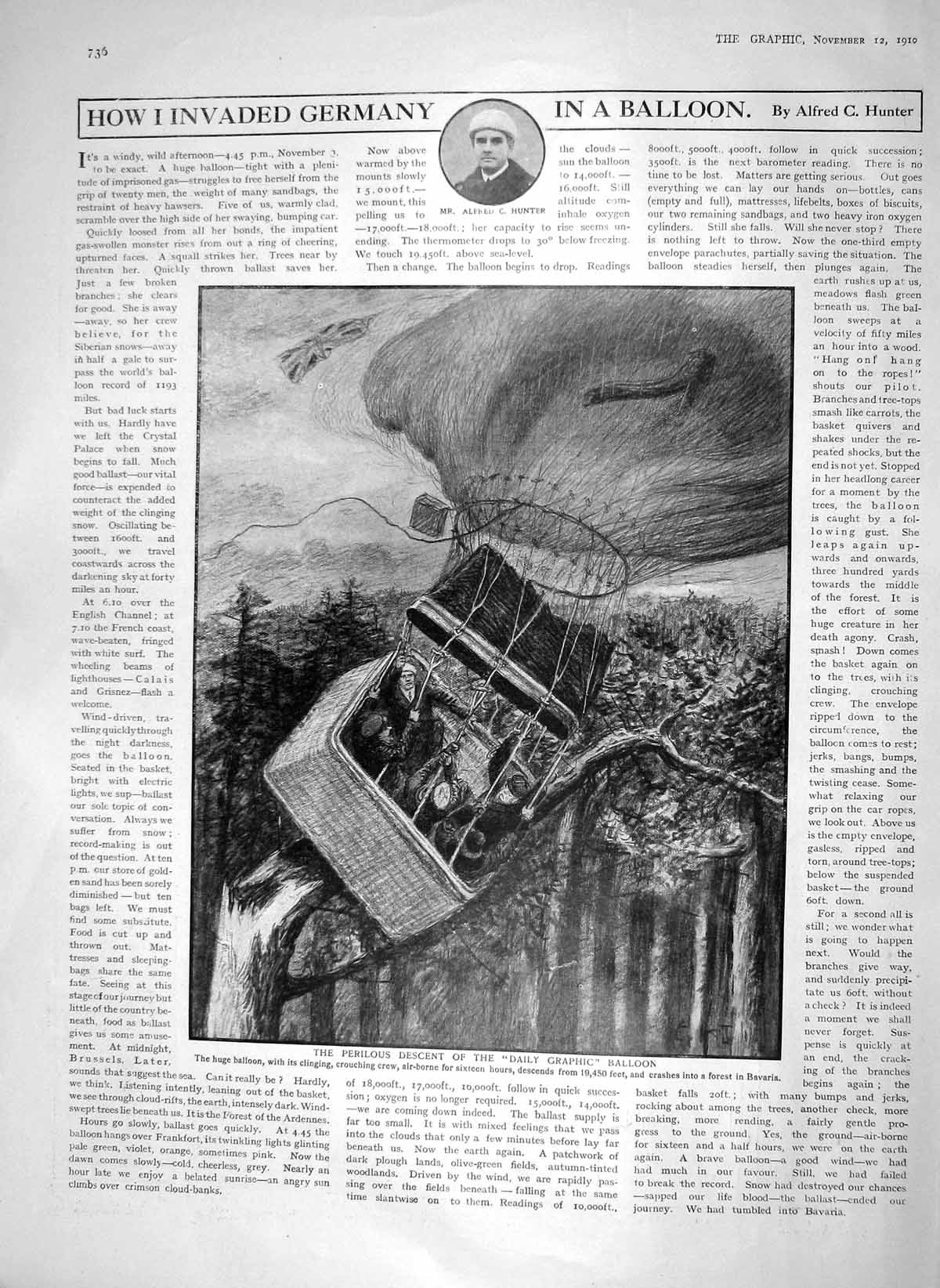 Original Old Antique Print 1910 Graphic Balloon Crash Bavaria Ship Niobe Ronald