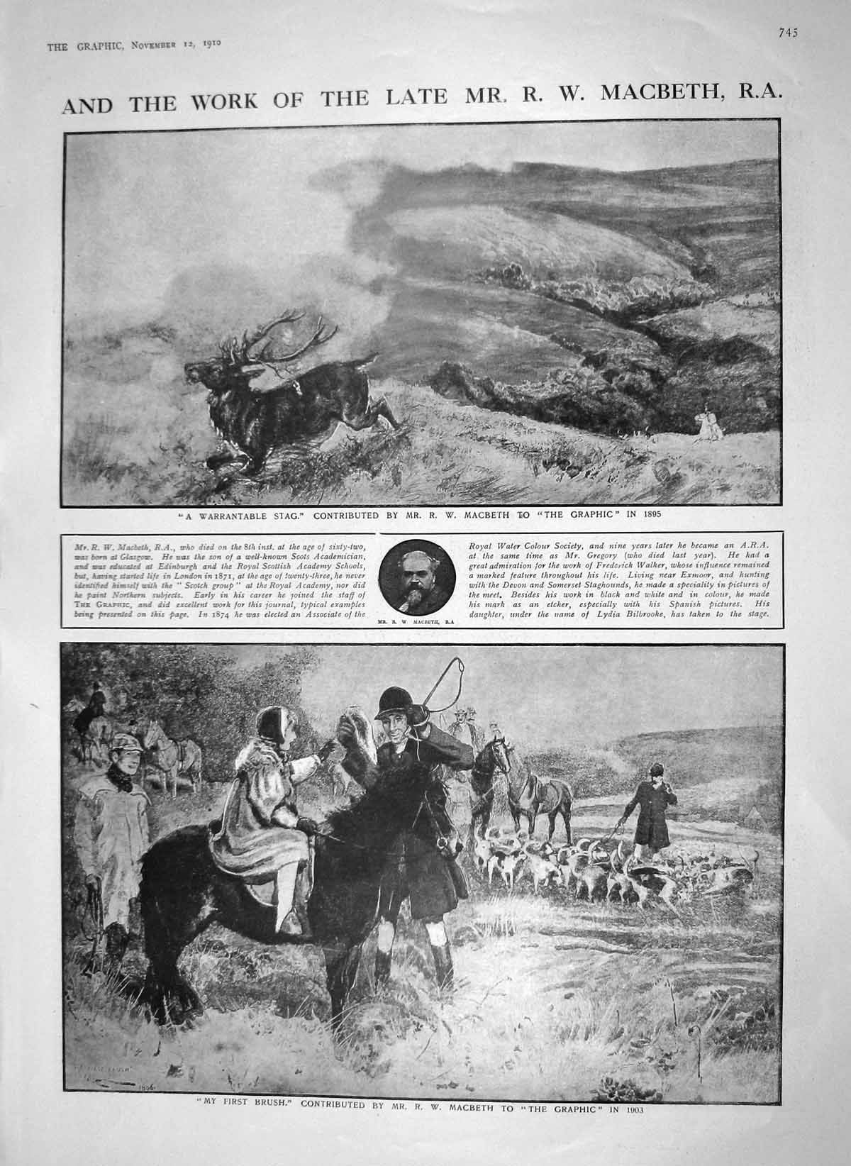 Old Antique Print 1910 Stag Hunting Fox Macbeth Roscoe Harcourt Crookes 20th