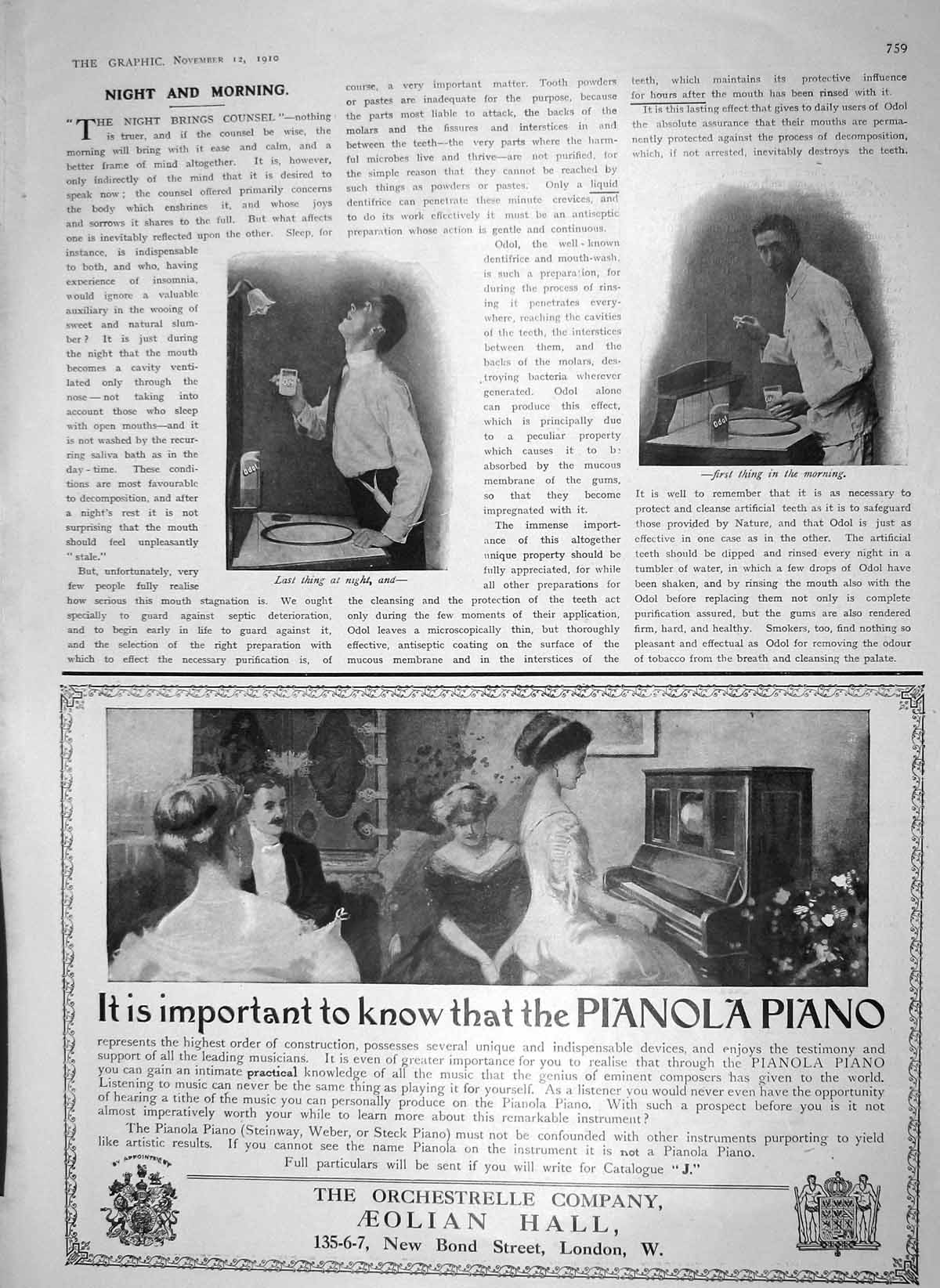 Old Antique Print 1910 Odol Dental Treatment Brushing Teeth Piano Pianola 20th