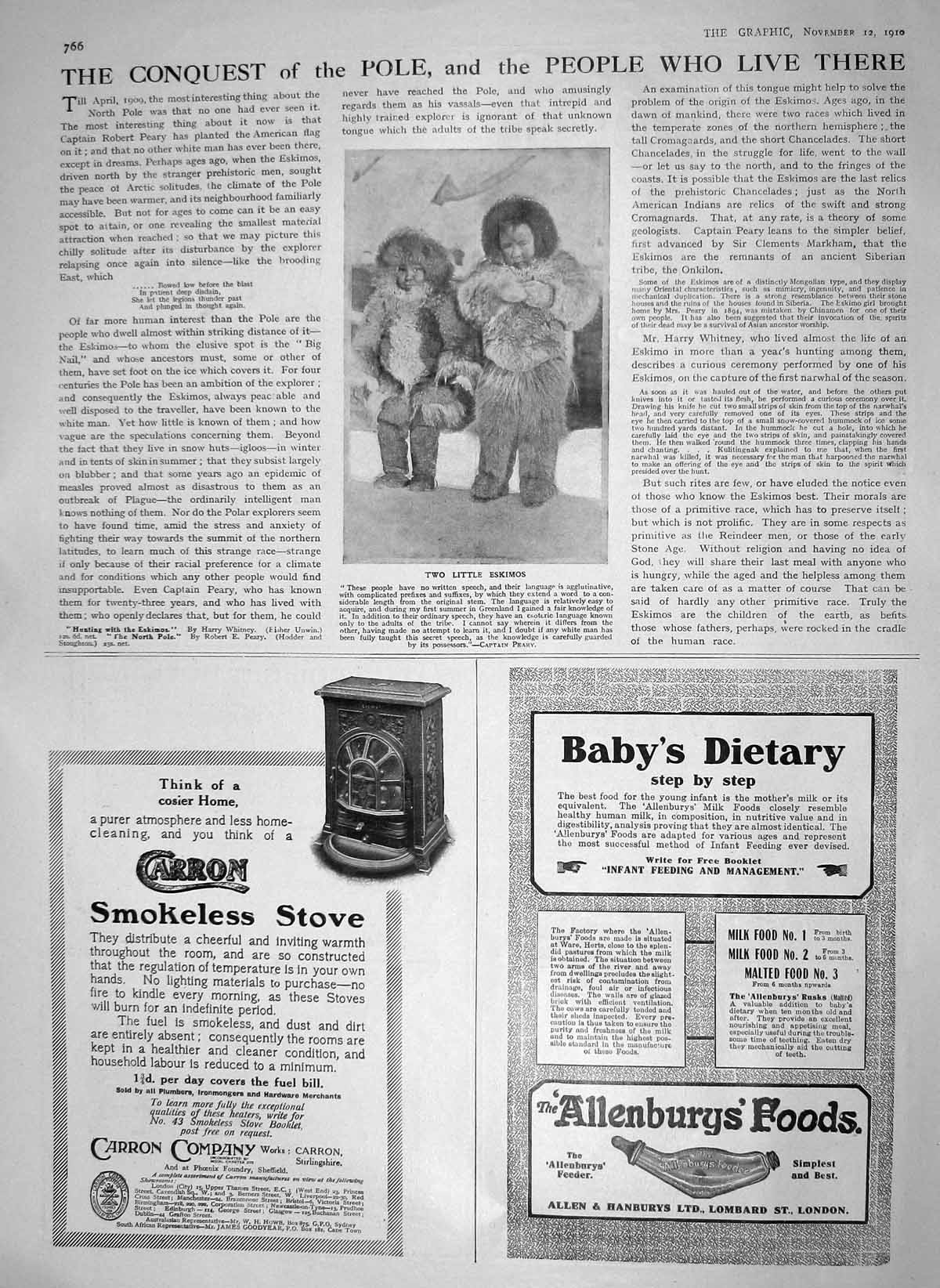 Old Antique Print 1910 Eskimo Children North Pole Carron Smokeless Stove 20th