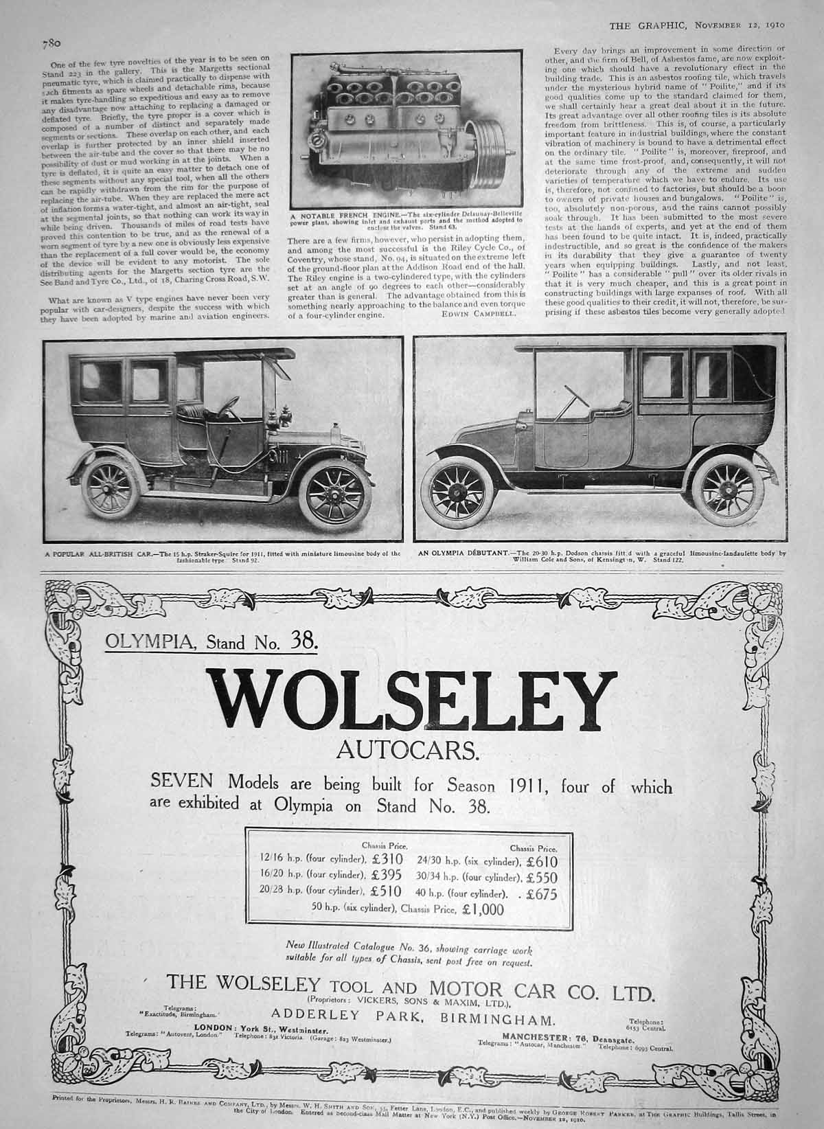 Old Antique Print 1910 Motor Car Engine Straker-Squire Dodson Cole Sons 20th