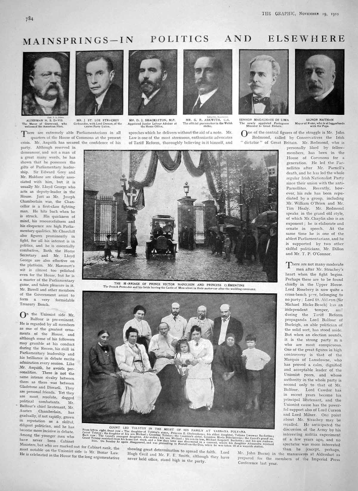 Old Antique Print 1910 Shackleton Strachey Askwith Tolstoy Victoria Falls 20th