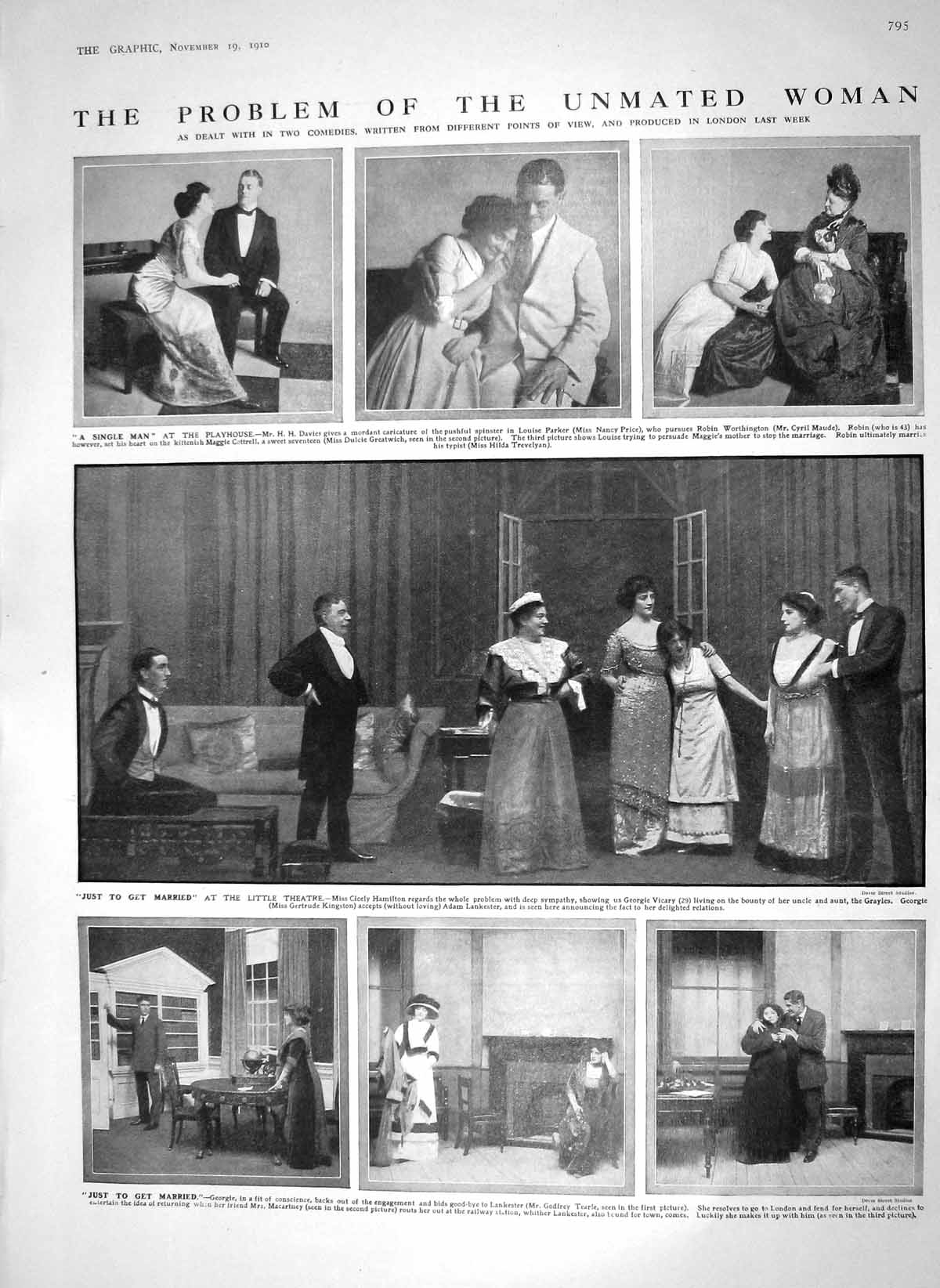 Old Antique Print 1910 Theatre Maude Price Tearle Kingston Ship Pett War 20th