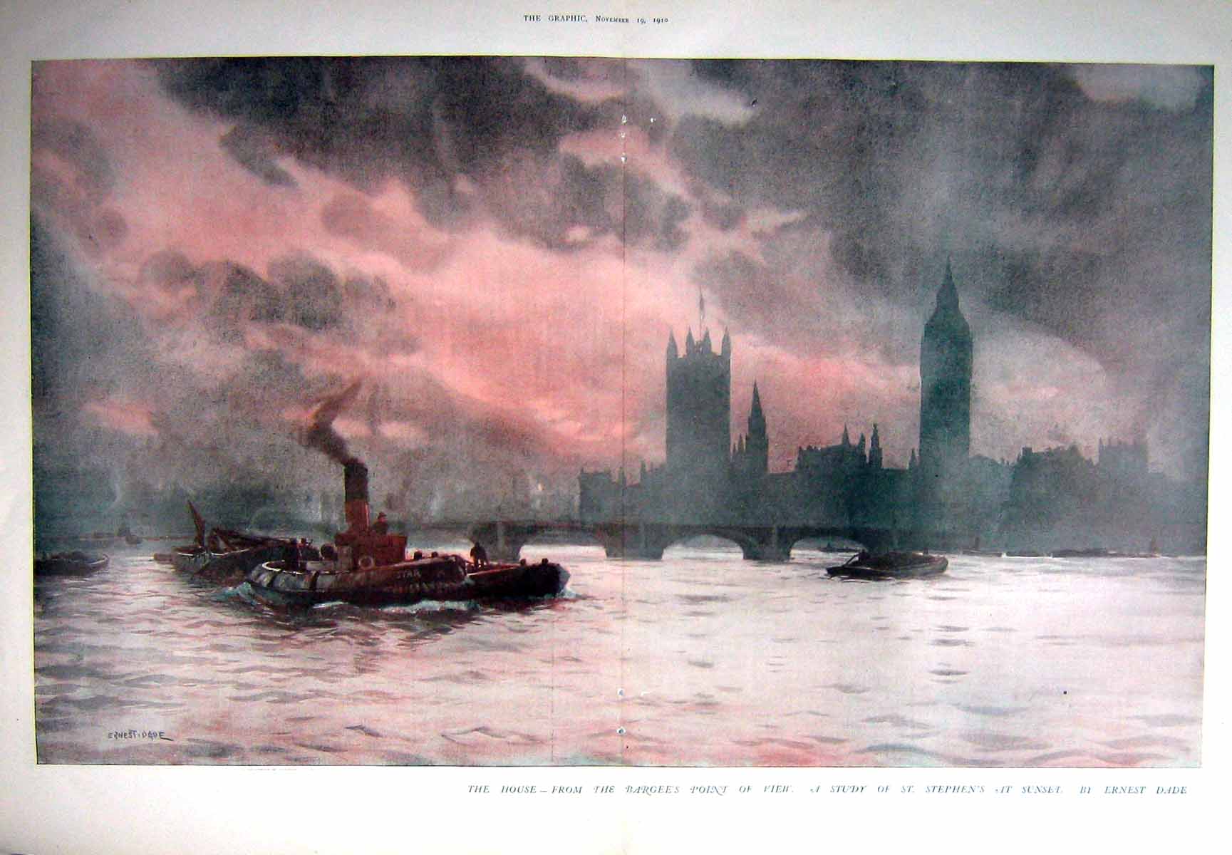 Original Old Antique Print 1910 Houses Parliament Bargee'S Point London Bridge