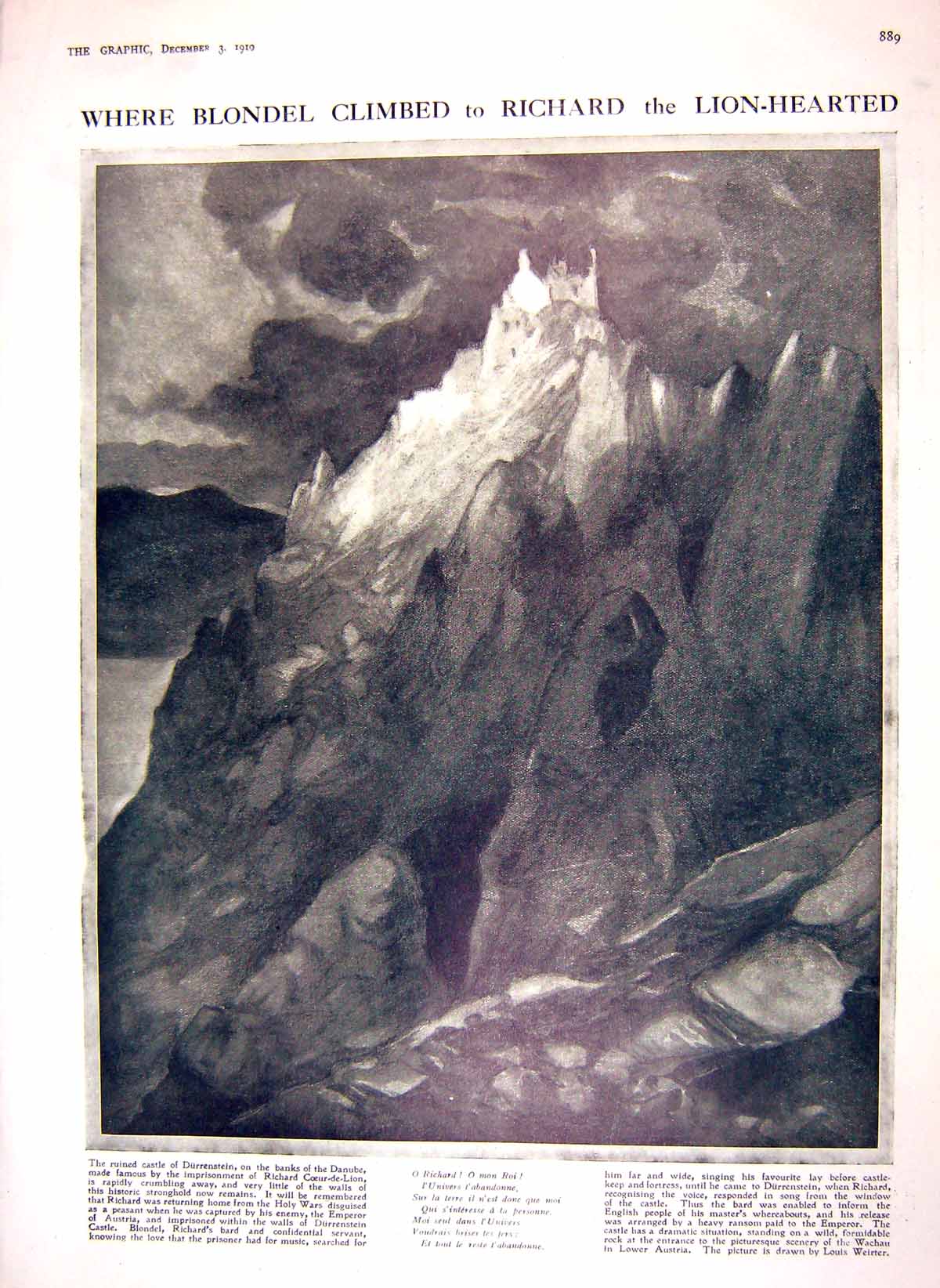Original Old Antique Print 1910 Castle Durrenstein Danube Blondel Black Watch