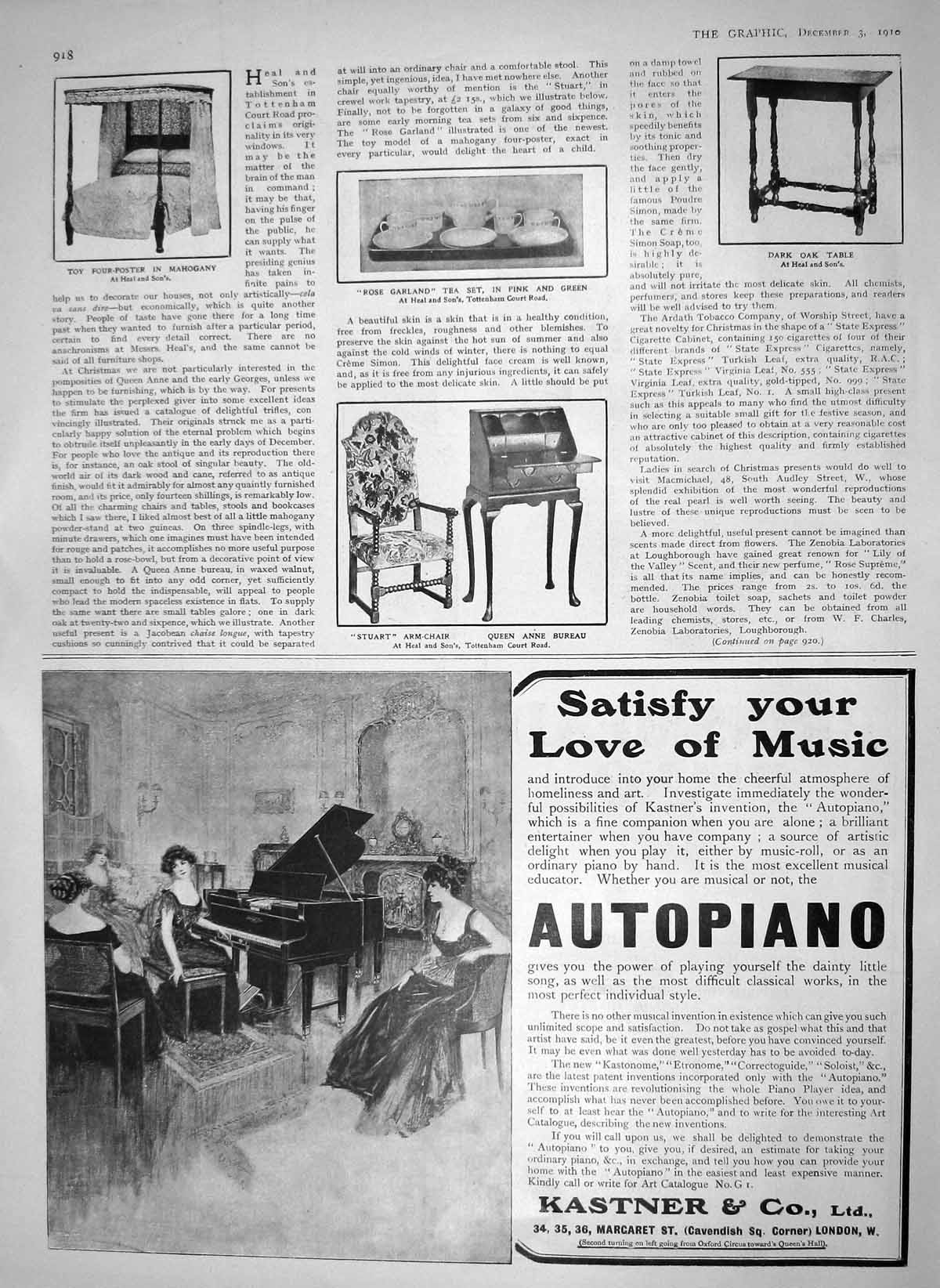 Original Old Antique Print 1910 Queen Anne Bureau Tea Set Table Brinsmead Piano