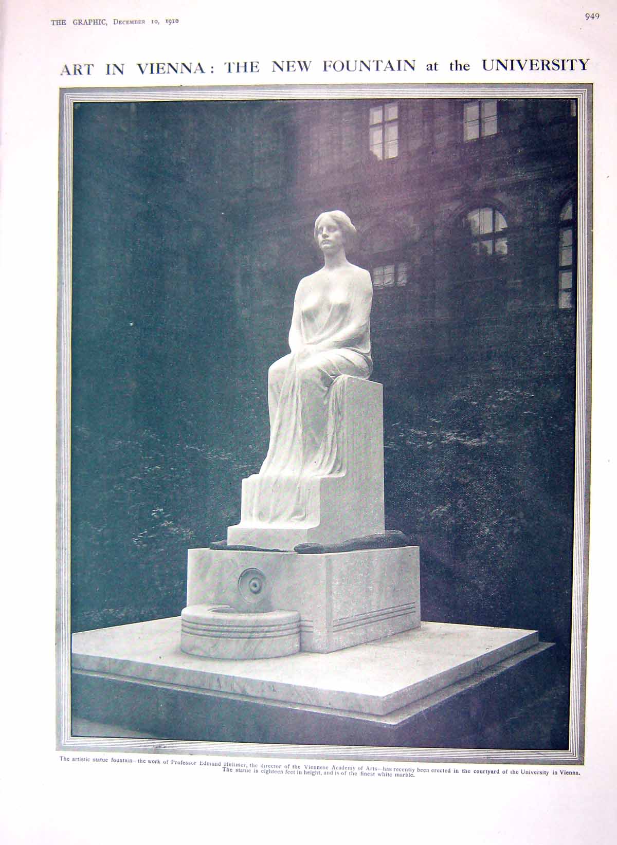Old Antique Print 1910 Art Vienna Fountain University Statue Electrophone 20th