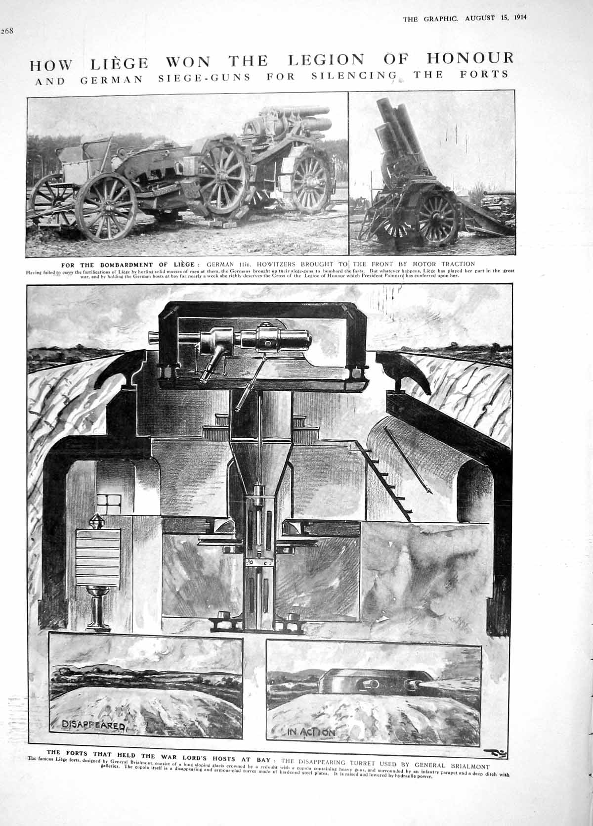 Original Old Antique Print 1914 Liege German Howitzer War Guns Brialmont Kaiser