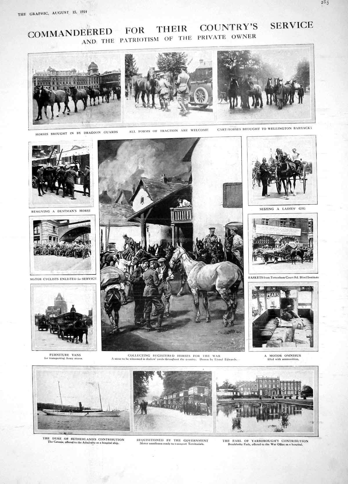 Old Antique Print 1914 War Horses Dragoon Guards Yarborough Women Nurse 20th