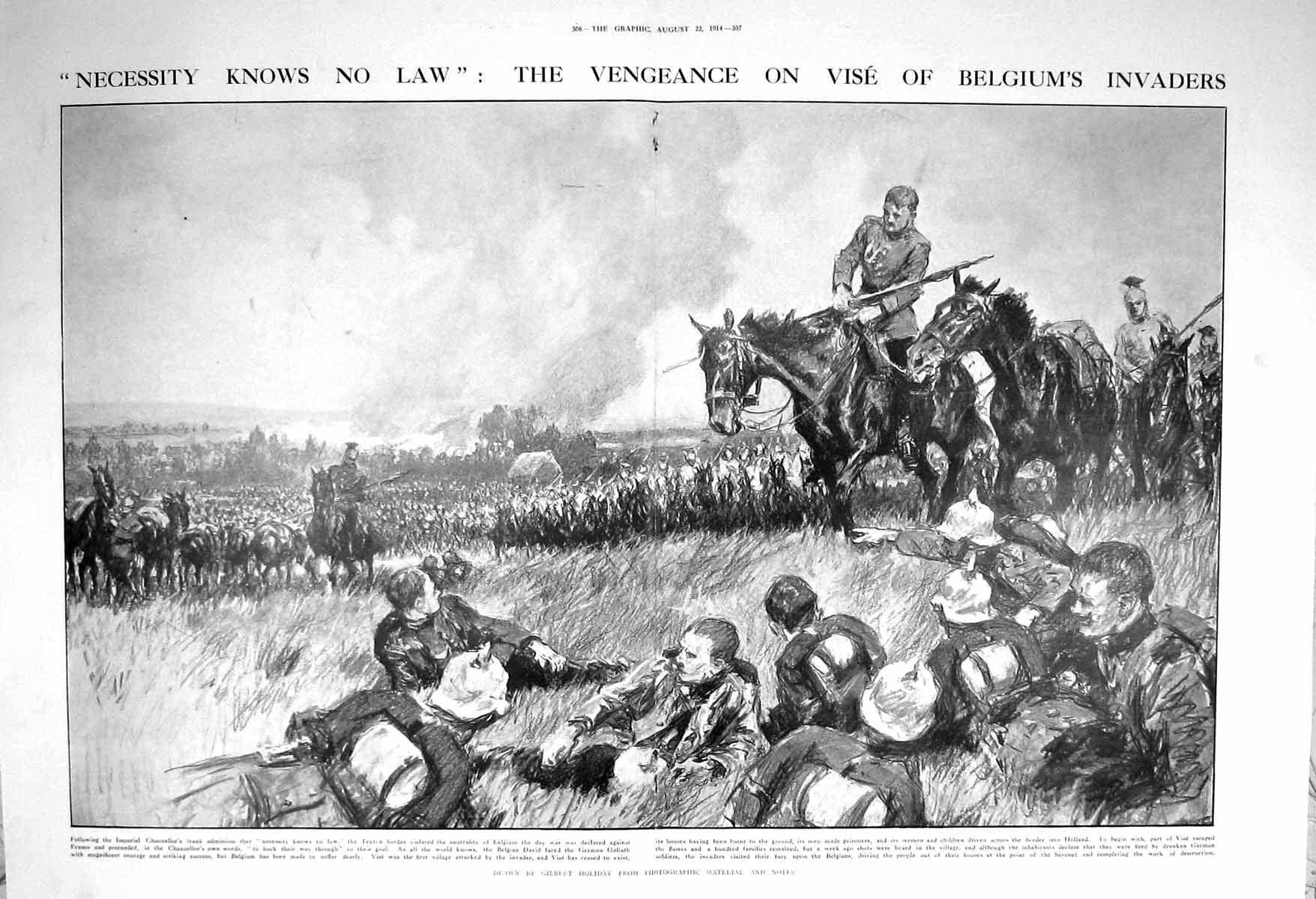 Original Old Antique Print 1914 War Belgium Siers Teuton Vise Battle Horses