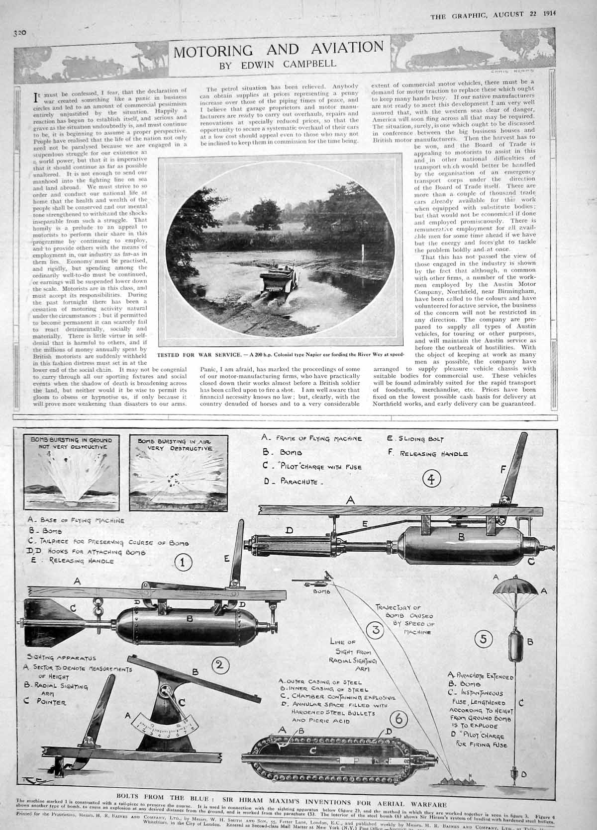Old Antique Print 1914 War Colonial Type Napier Car River Wey Hiram Maxim 20th