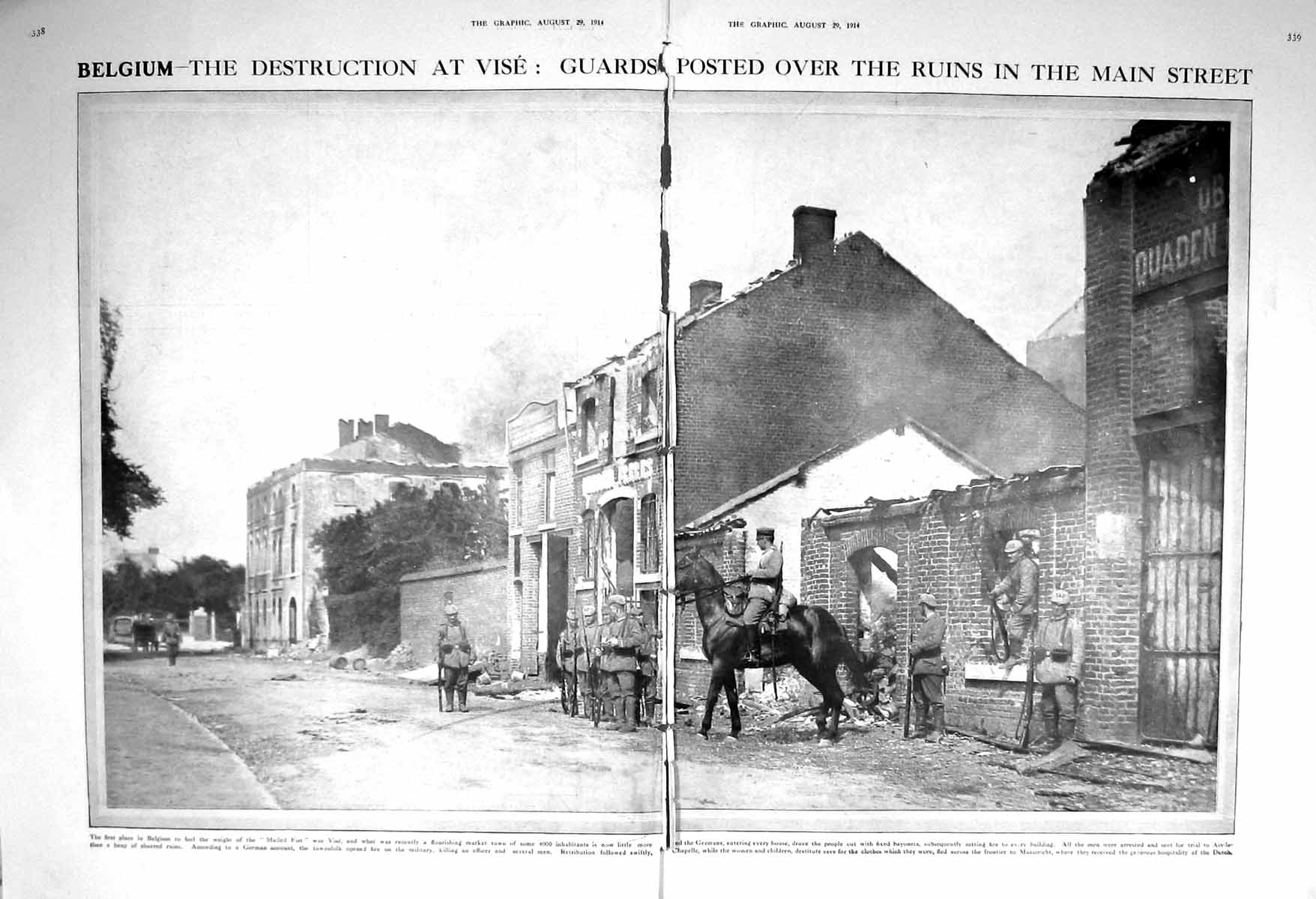 Original Old Antique Print 1914 Belgium War Destruction Vise Siers Horses 20th