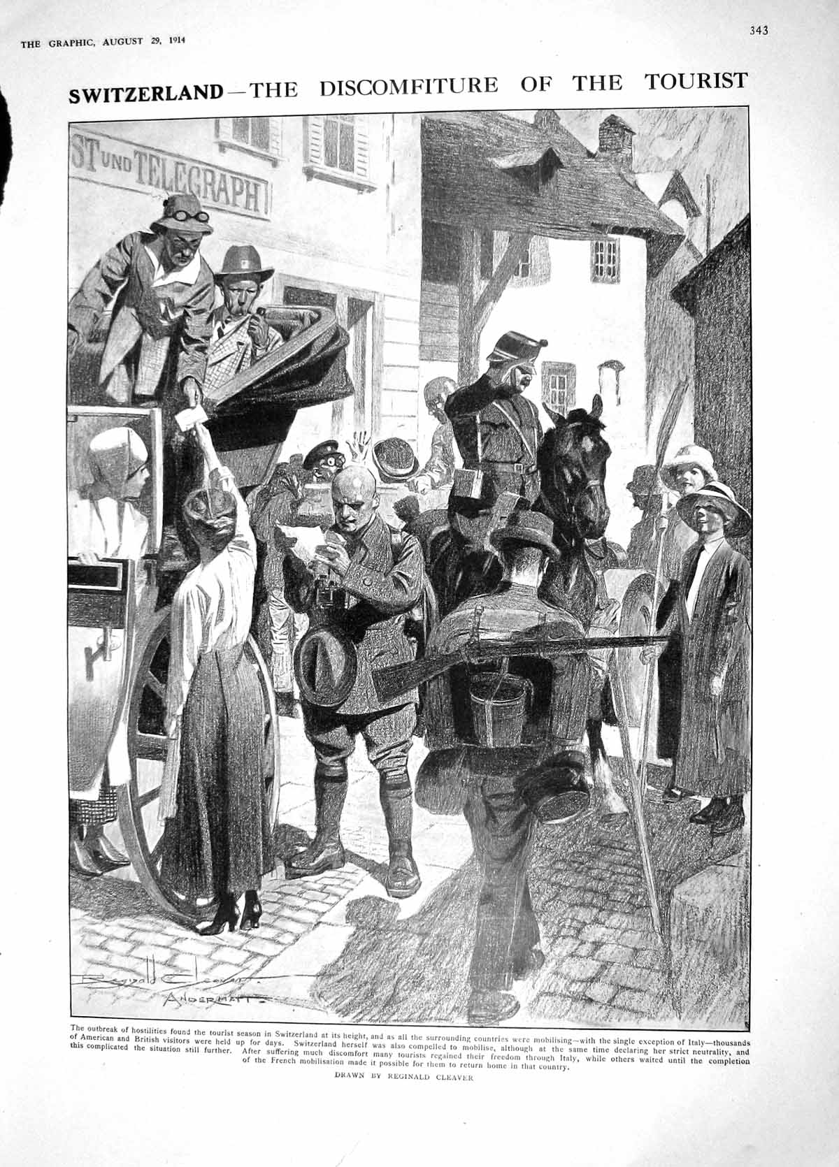 Original Old Antique Print 1914 Switzerland Siers Tourists Servia Belgrade Boy