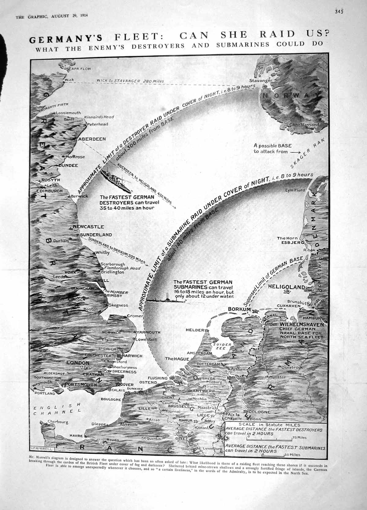 Original Old Antique Print 1914 Map German Submarines Morrell British Ships War