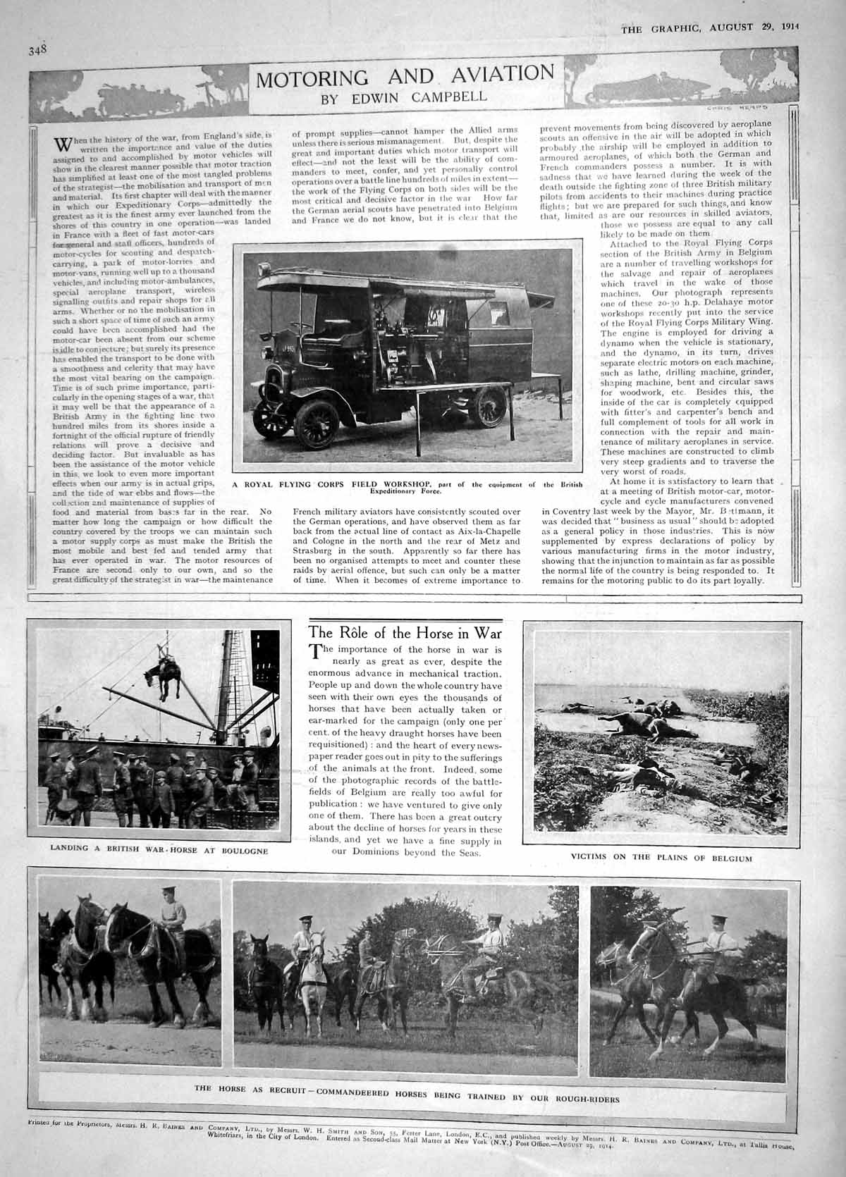 Original Old Antique Print 1914 Flying Corps Field Workshop Horses Boulogne War