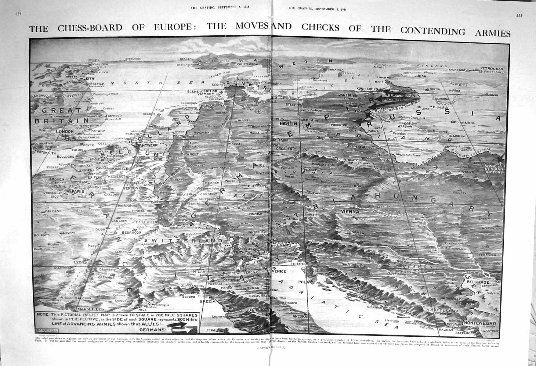 Old Antique Print 1914 War Map Europe Moves Armies Allies Germans Vienna 20th