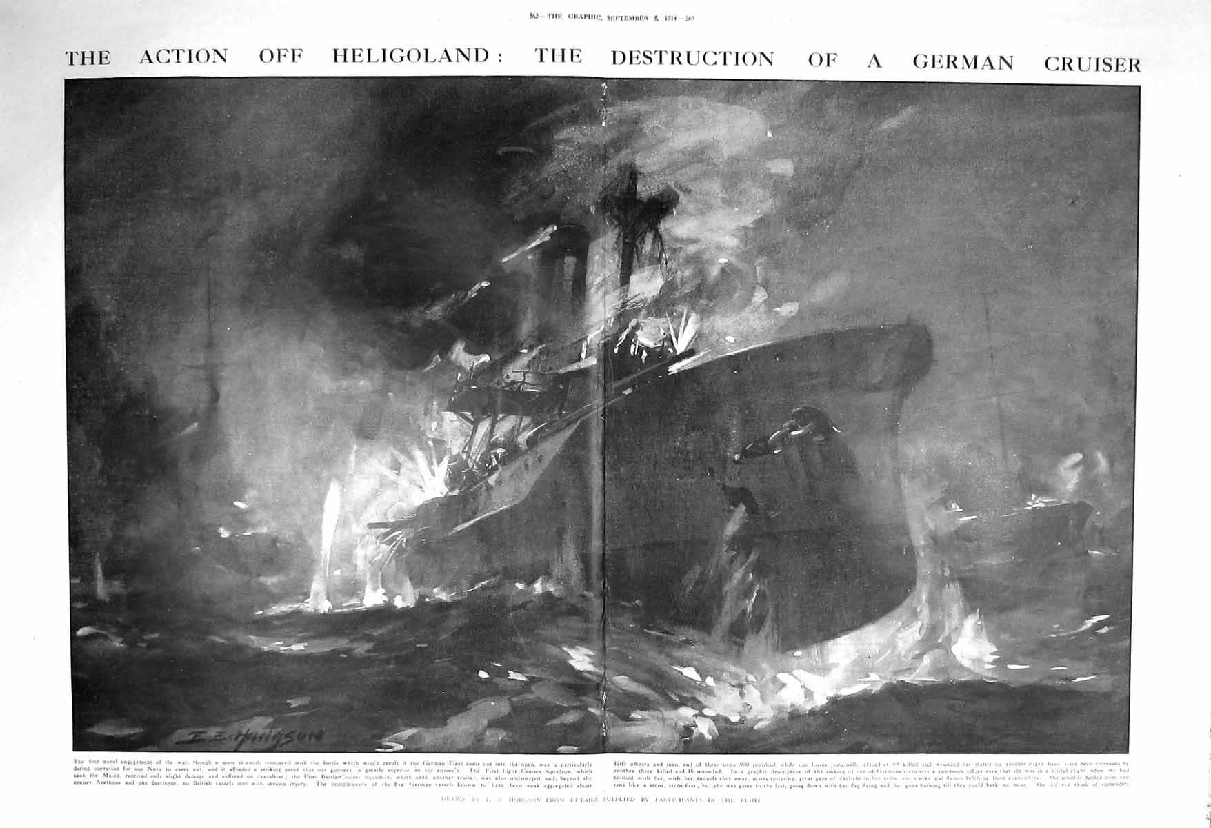 Original Old Antique Print 1914 War Heligoland German Battle Cruiser Squadron